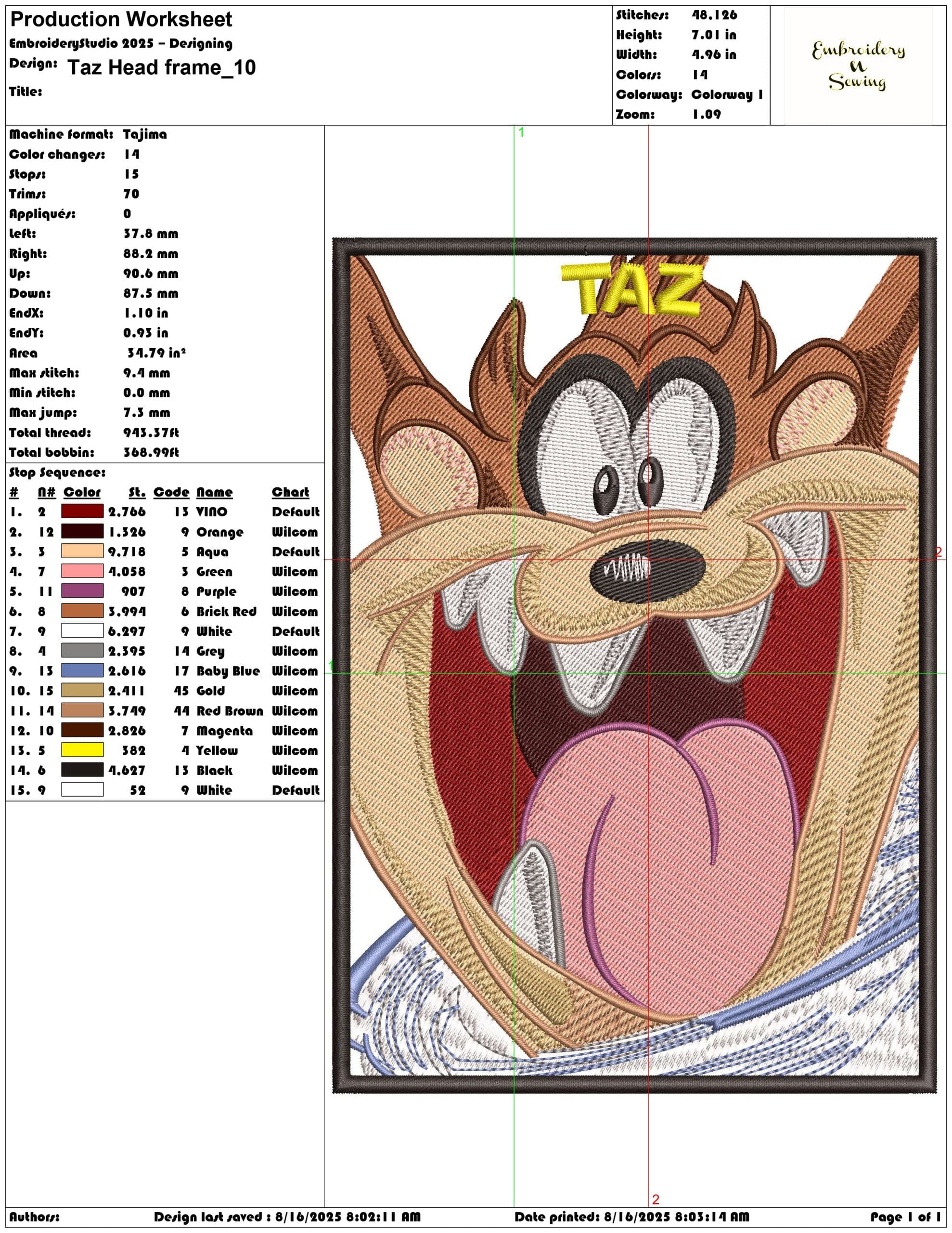 Taz Head frame-Elegant embroidery design file - instant download — view 3