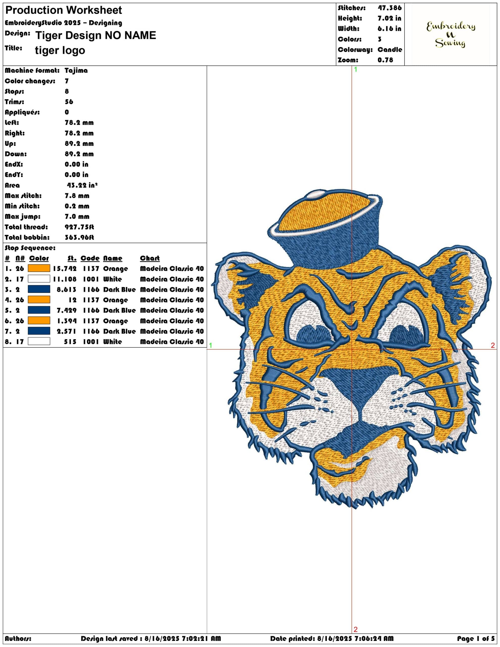 Tiger face design NO NAME - Sports Logo Elegant embroidery design file - instant download — view 3