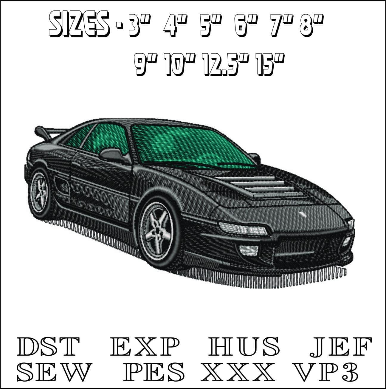 Toyota MR2 1991 in Black-Elegant embroidery design file - instant download — view 2