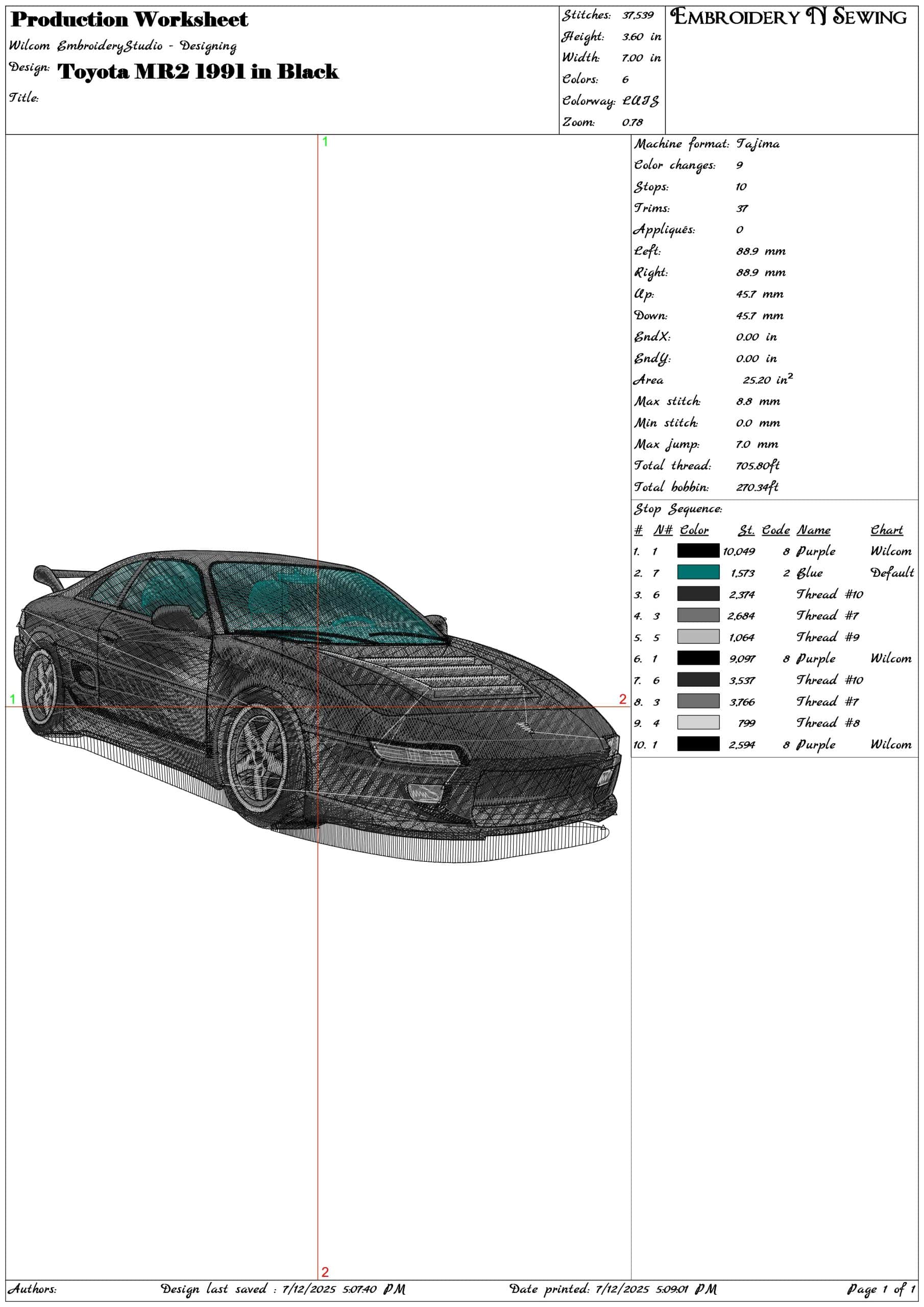 Toyota MR2 1991 in Black-Elegant embroidery design file - instant download — view 3