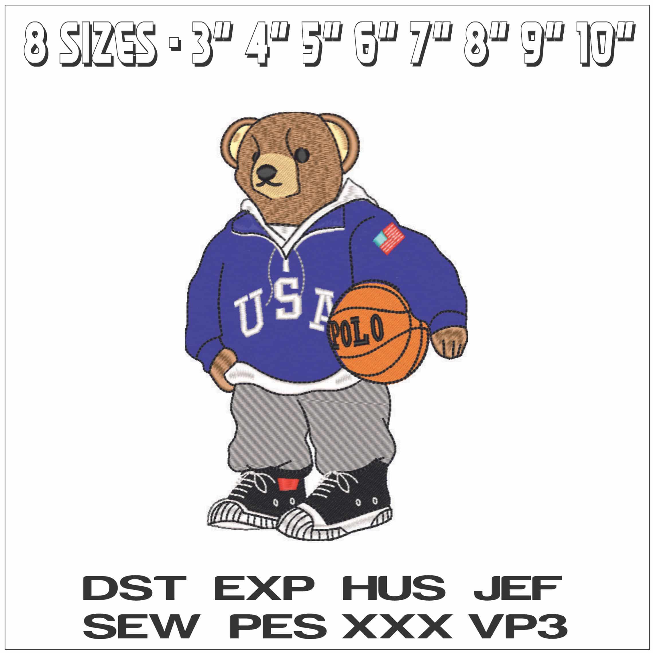 USA Bear with Basketball POLO-Elegant embroidery design file - instant download — view 2