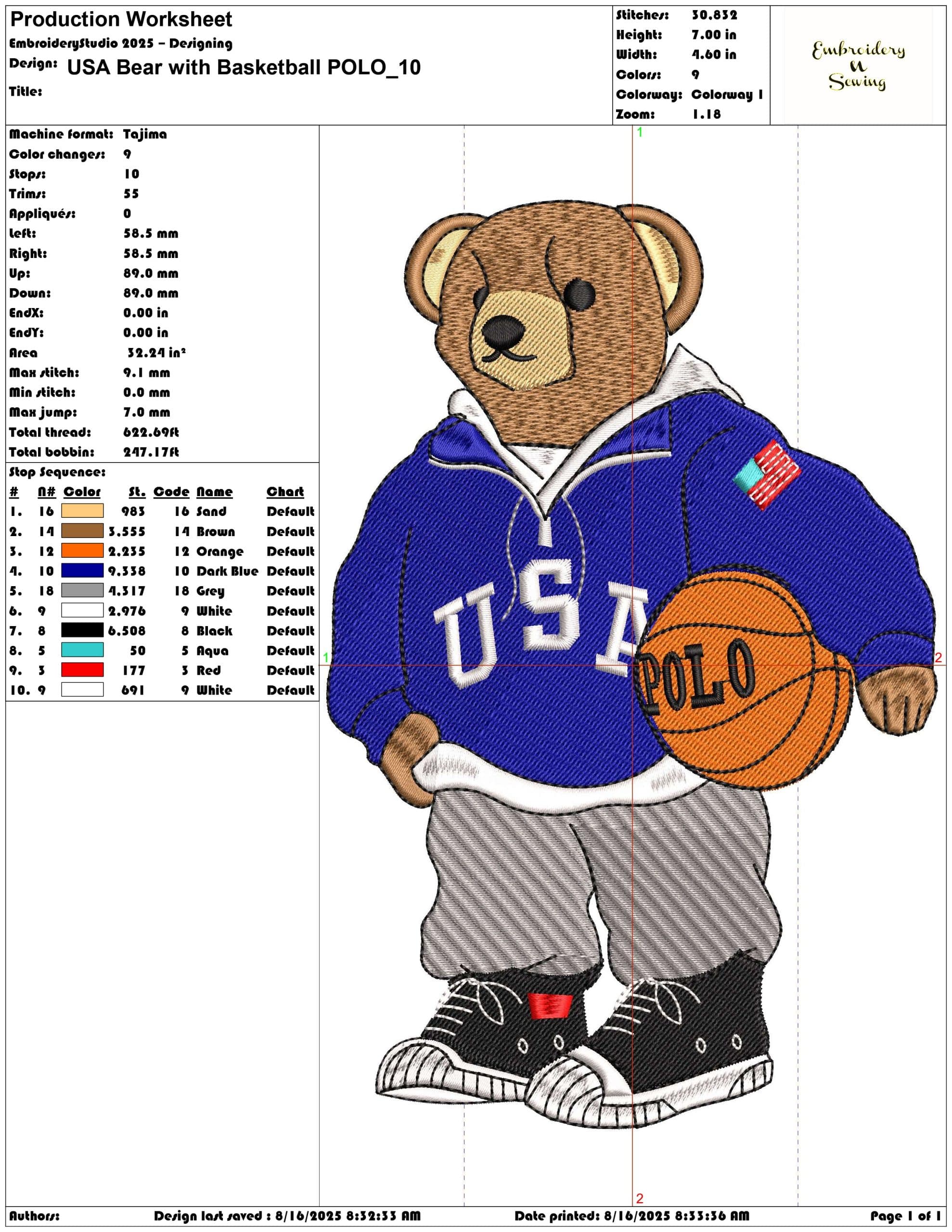 USA Bear with Basketball POLO-Elegant embroidery design file - instant download — view 3