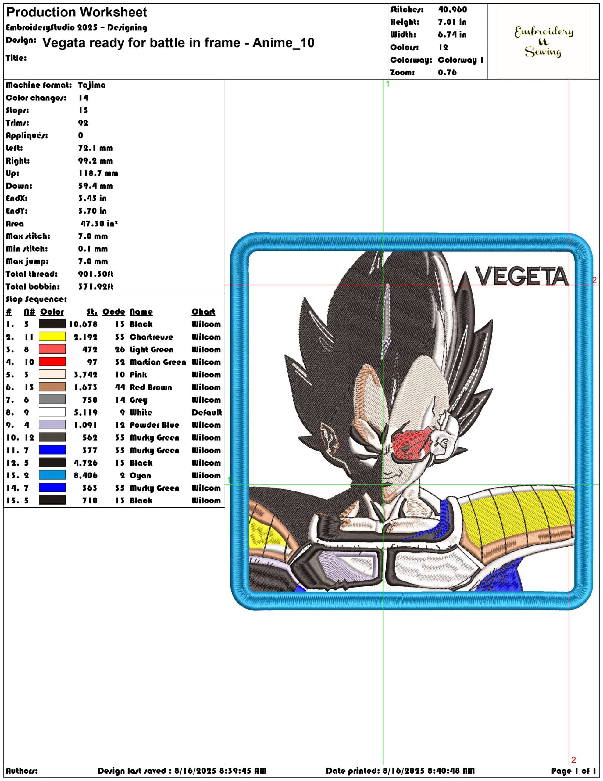 Vegata ready for battle in frame - Anime-Elegant embroidery design file - instant download — view 3