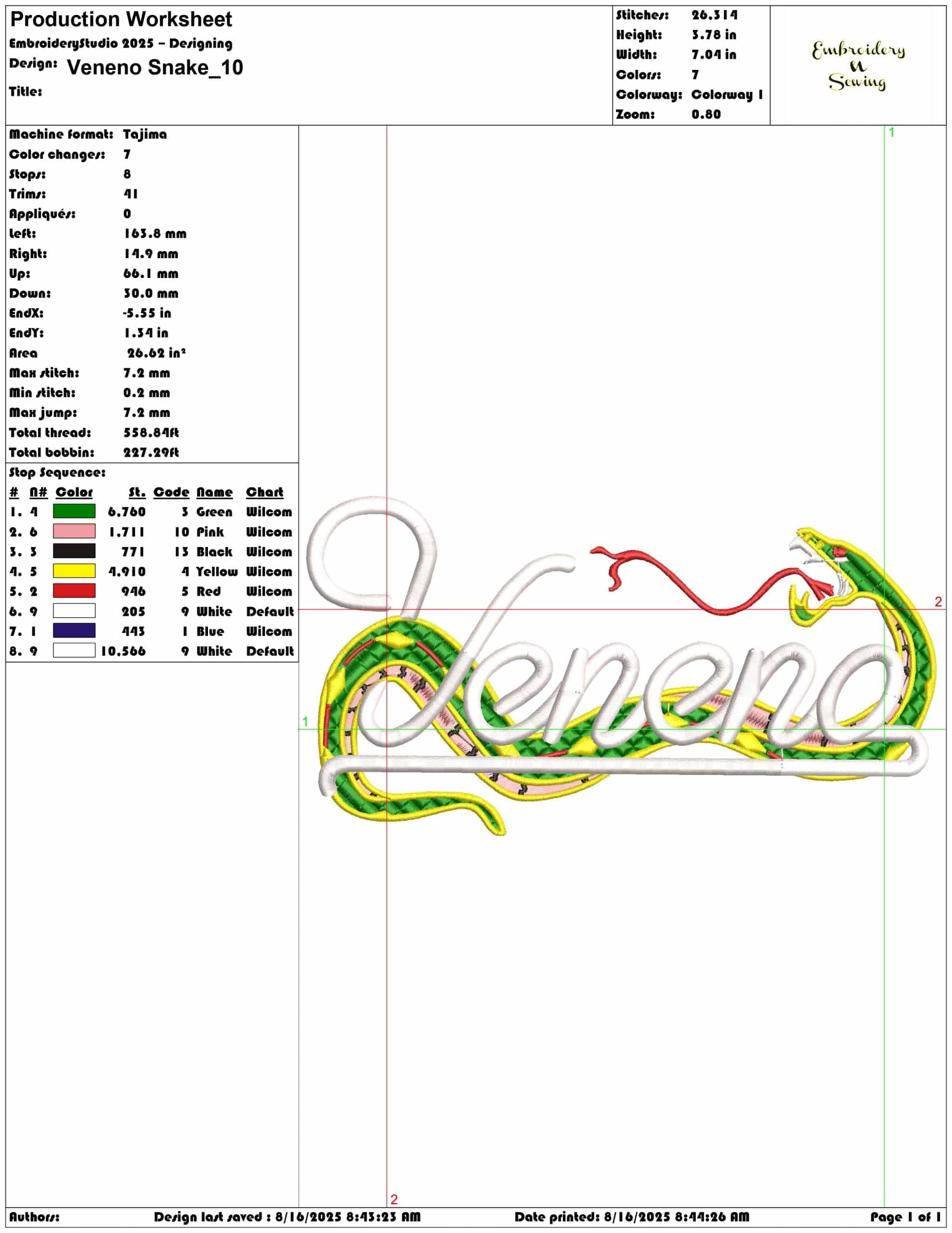 Veneno Snake-Elegant embroidery design file - instant download — view 3