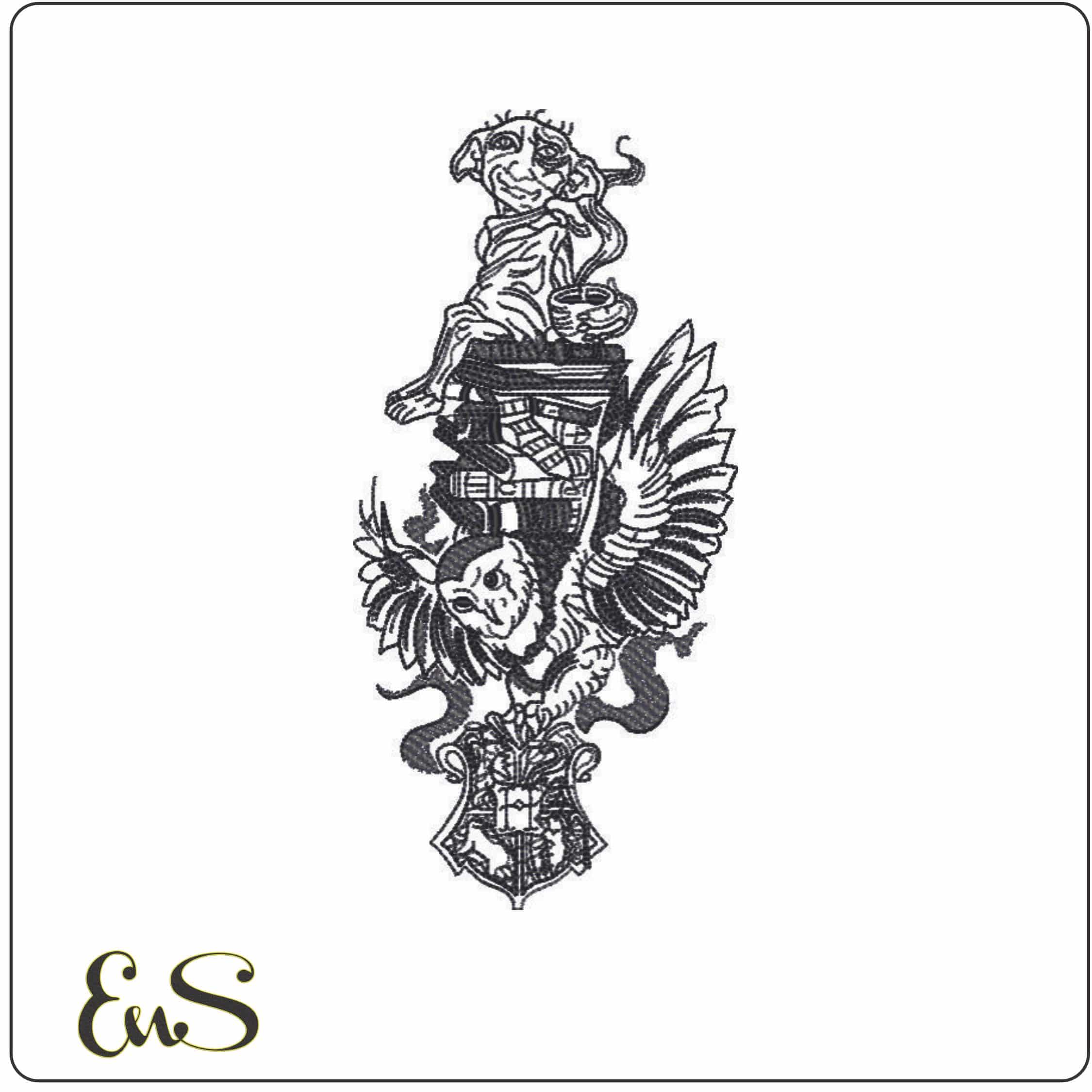 Wizard Book Owl and Elf-Elegant embroidery design file - instant download