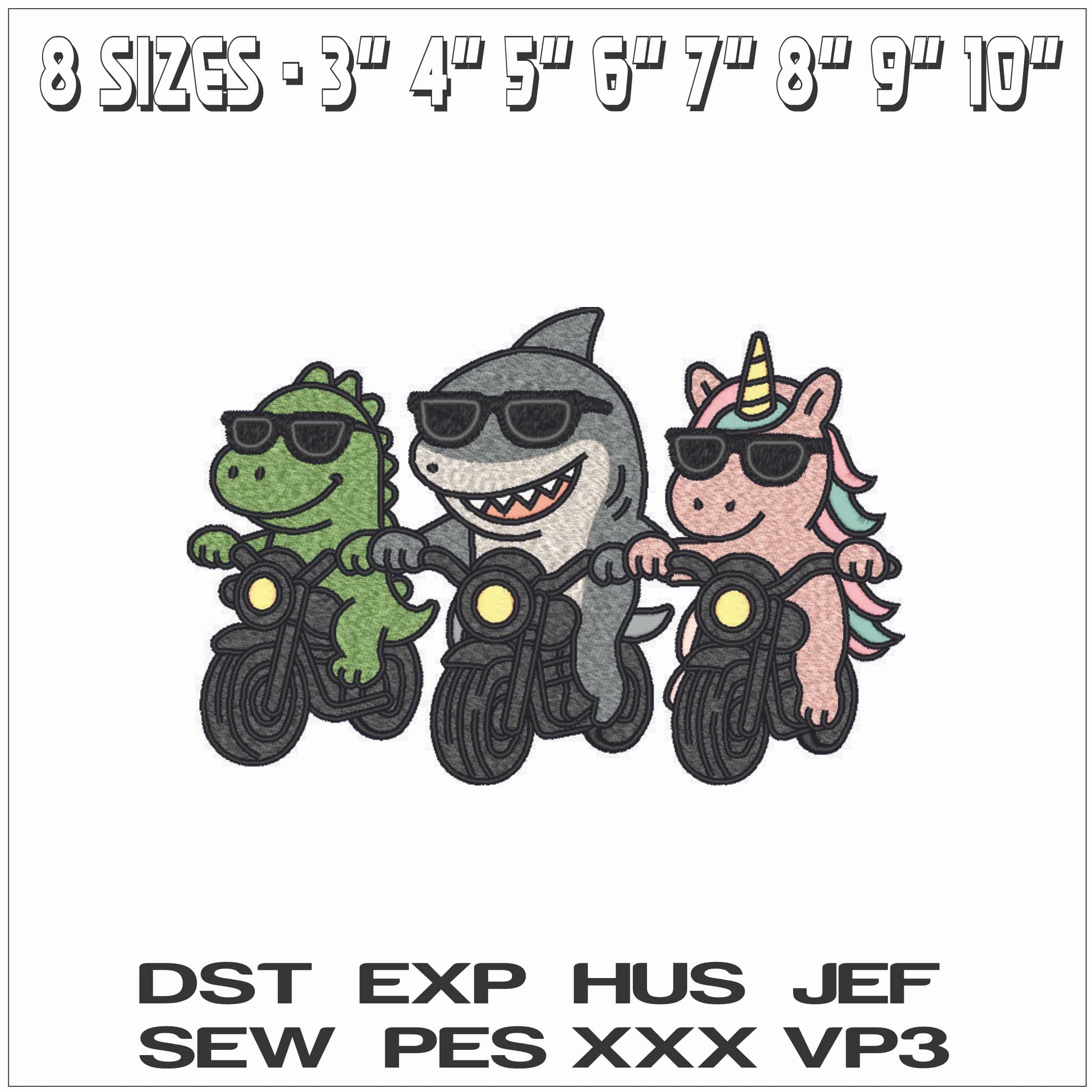 Aligator Shark and Unicorn Bikes-Elegant embroidery design file - instant download — view 2