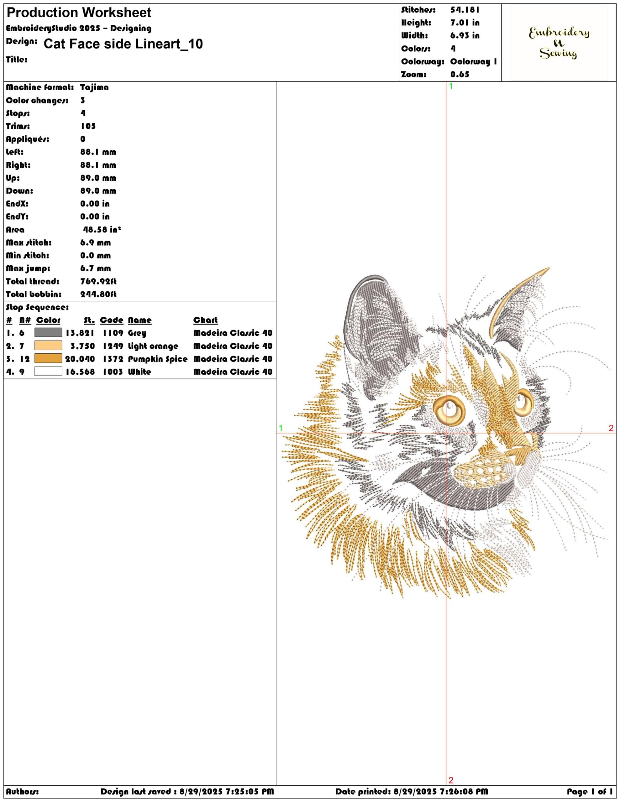 Cat Face side Lineart-Elegant embroidery design file - instant download — view 3