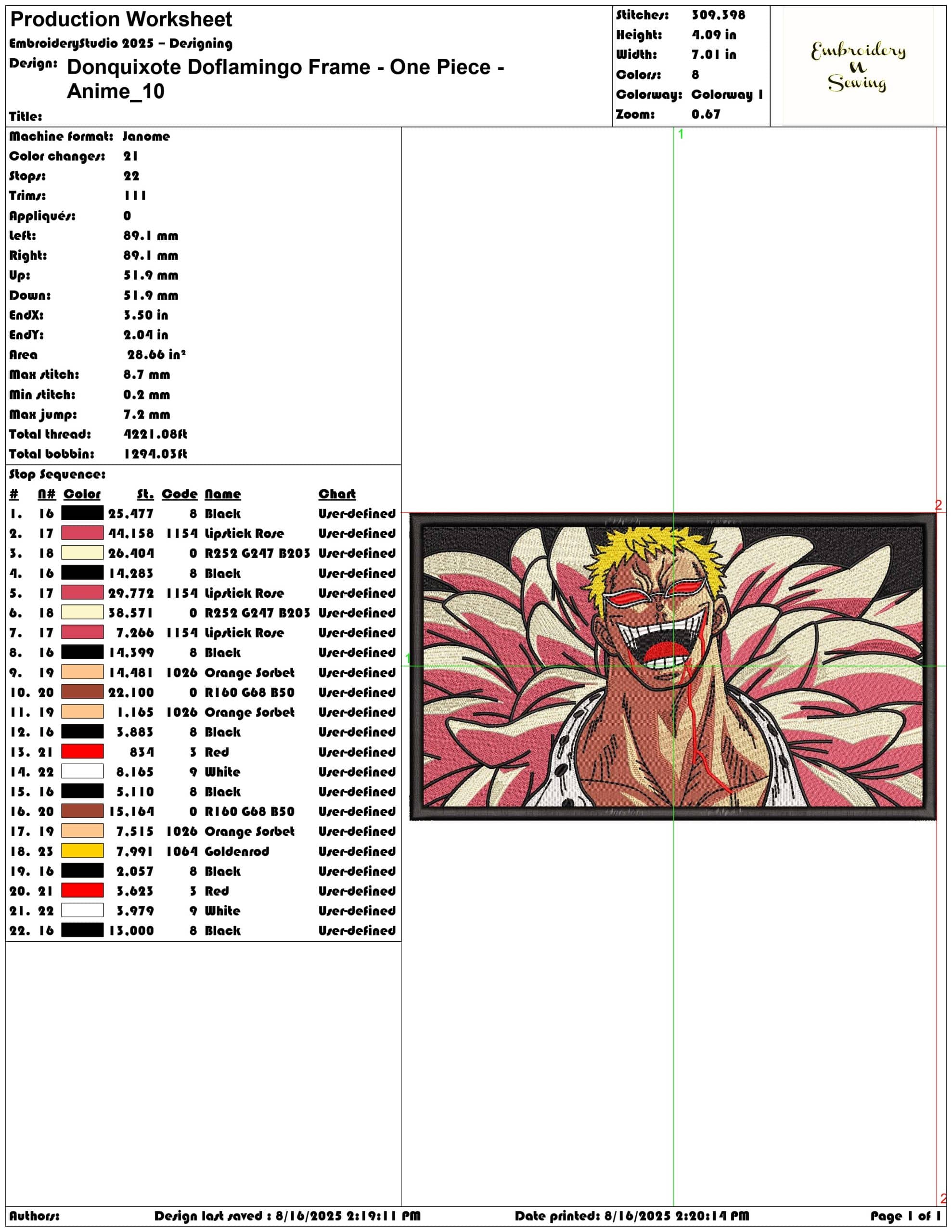 Donquixote Doflamingo Frame - One Piece - Anime-Elegant embroidery design file - instant download — view 3