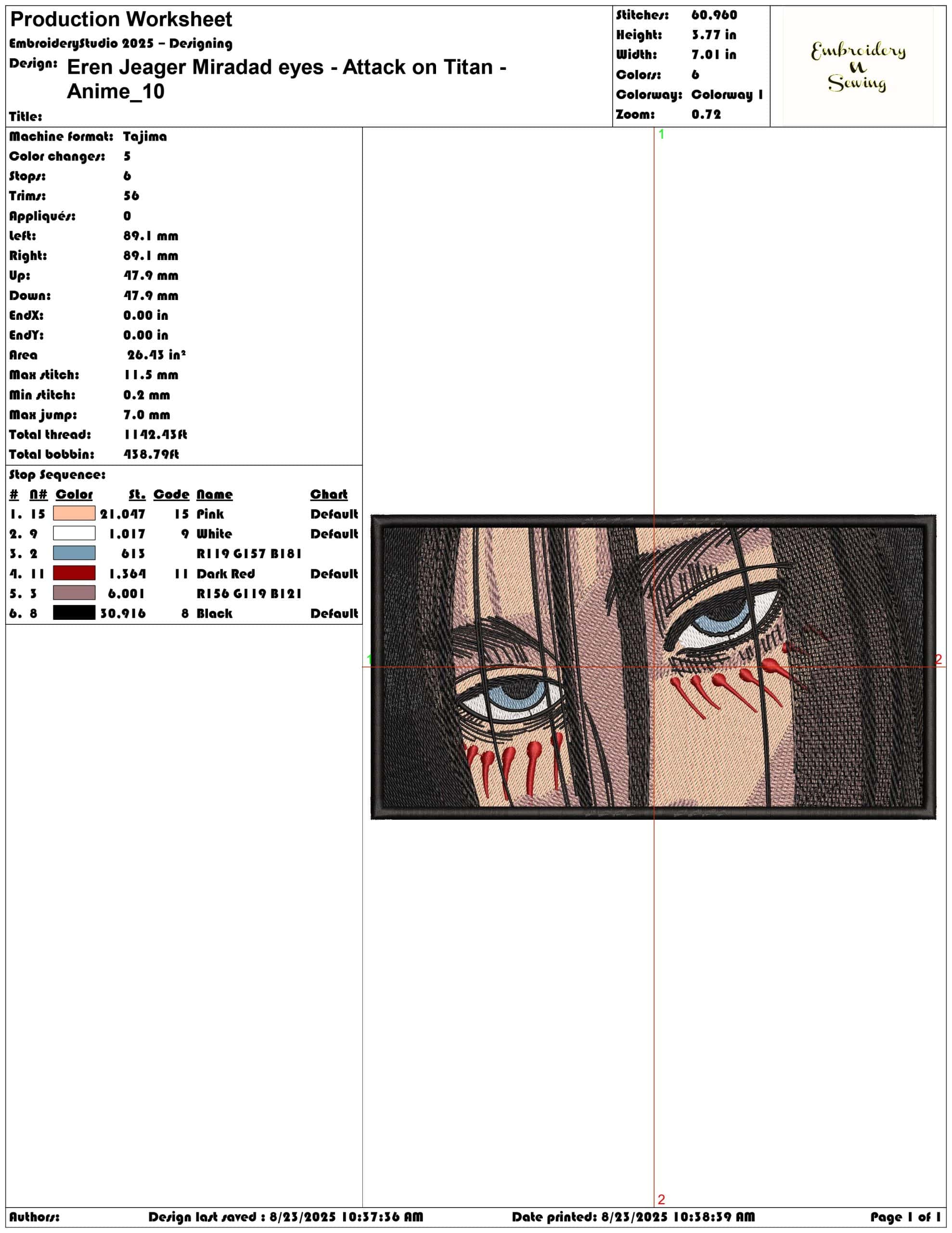 Eren Jeager Miradad eyes - Attack on Titan - Anime-Elegant embroidery design file - instant download (Copy) — view 3