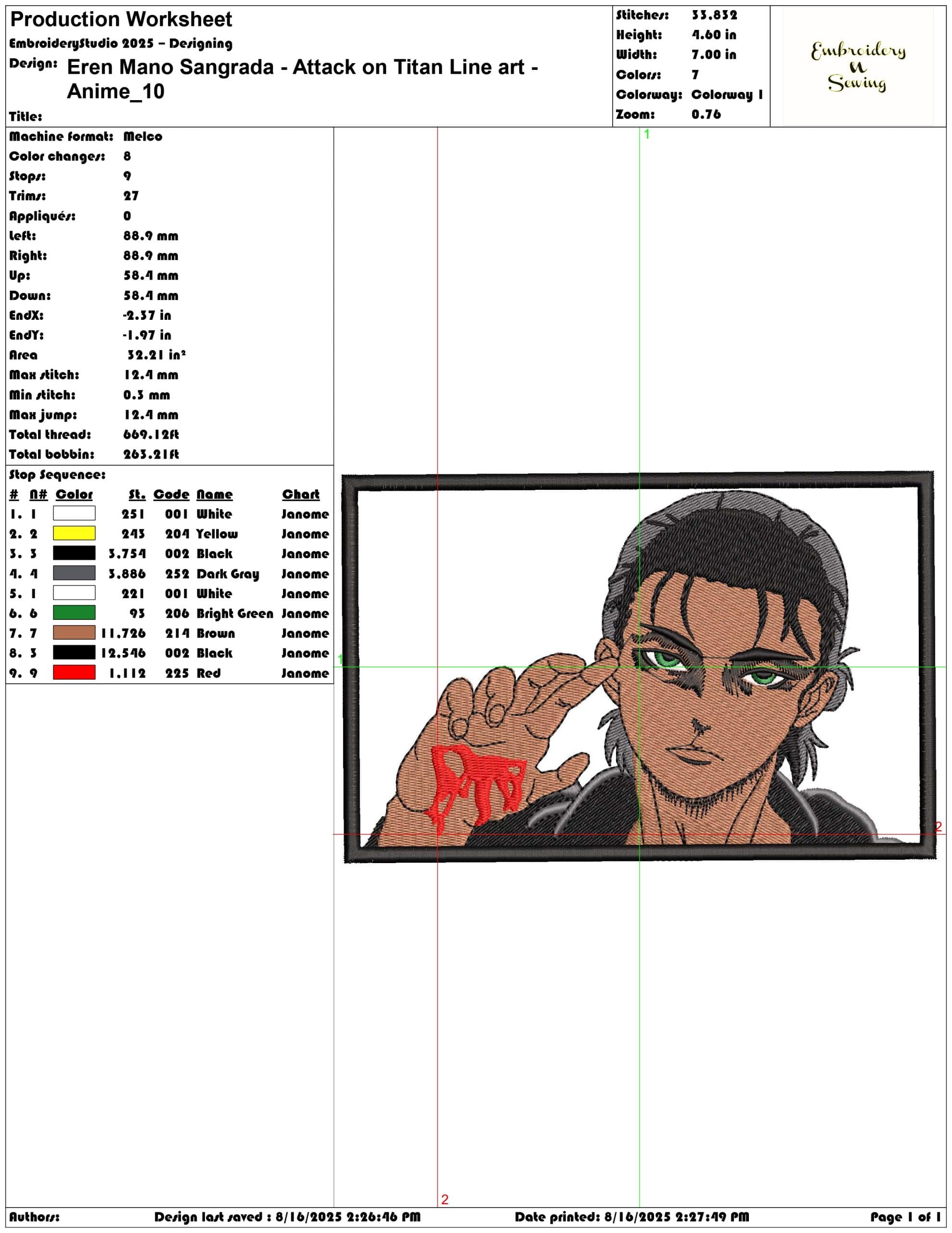 Eren Mano Sangrada - Attack on Titan Line art - Anime-Elegant embroidery design file - instant download — view 3