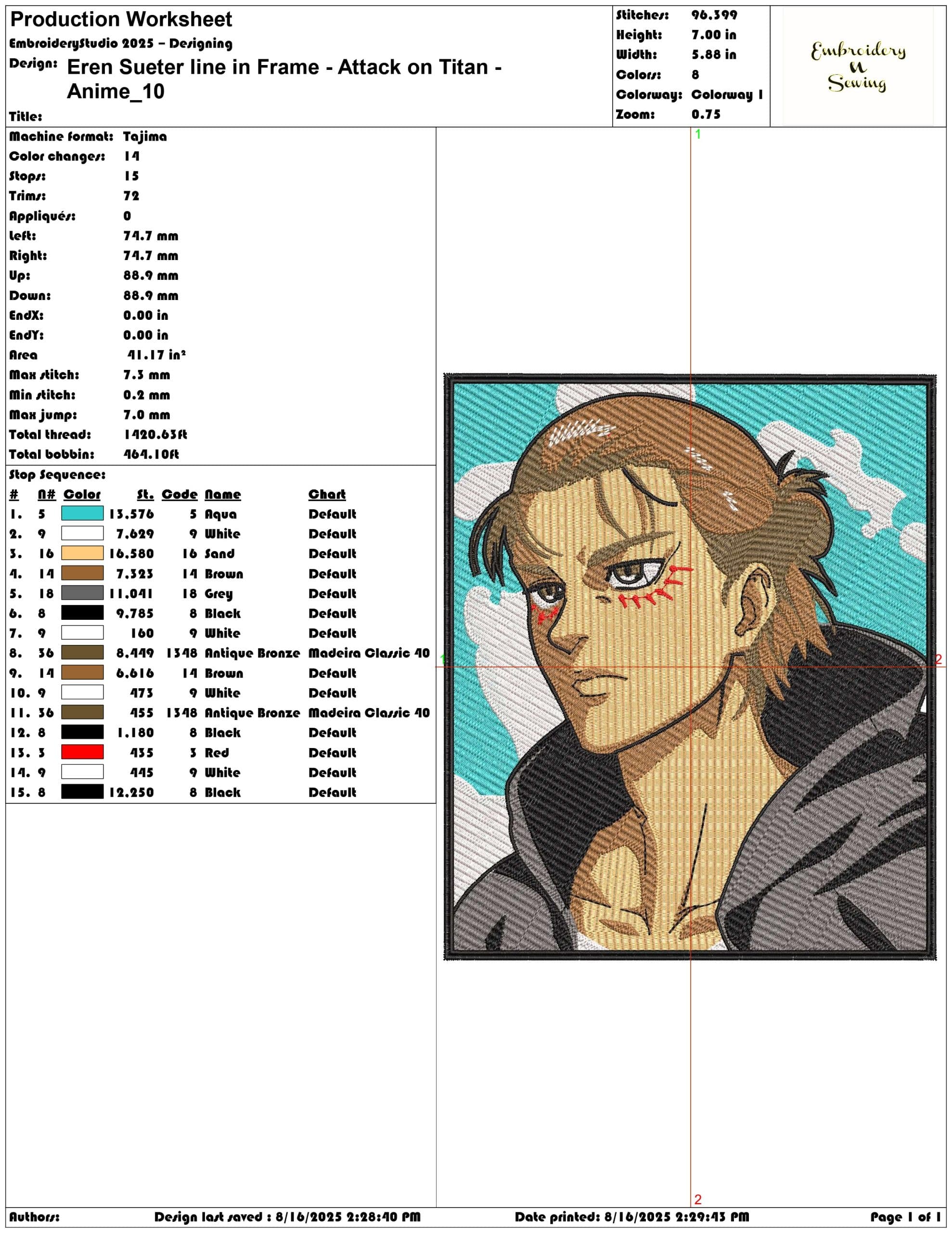 Eren Sueter line in Frame - Attack on Titan - Anime-Elegant embroidery design file - instant download — view 3
