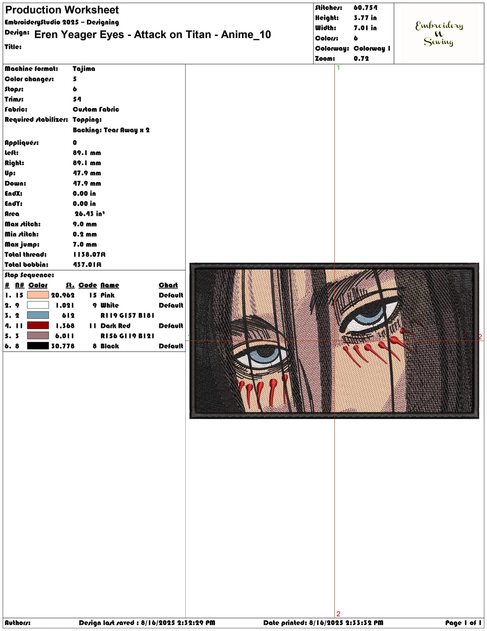 Eren Yeager Eyes - Attack on Titan - Anime-Elegant embroidery design file - instant download — view 3