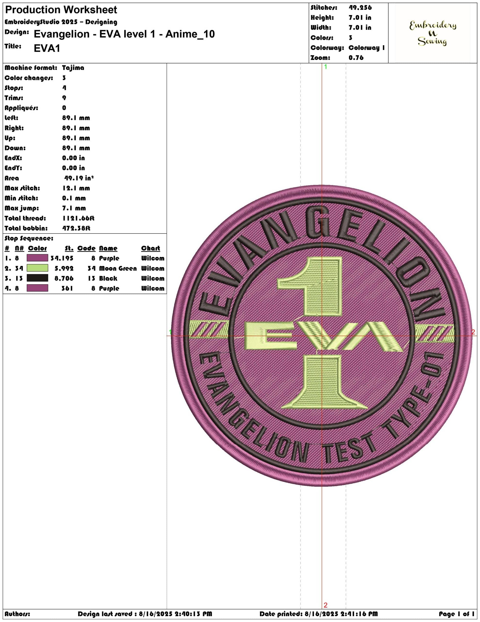 Evangelion - EVA level 1 - Anime-Elegant embroidery design file - instant download — view 3
