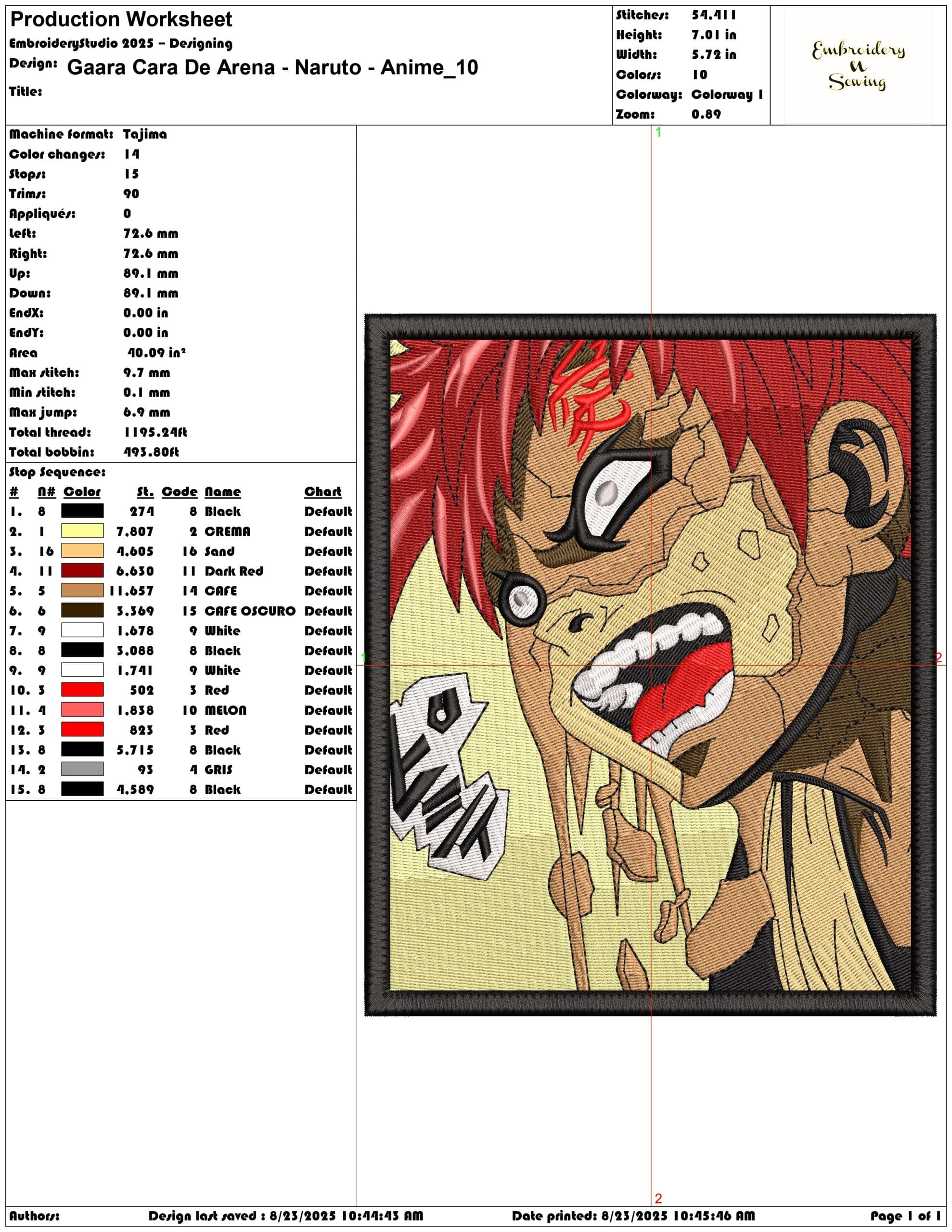 Gaara Cara De Arena - Naruto - Anime-Elegant embroidery design file - instant download — view 3