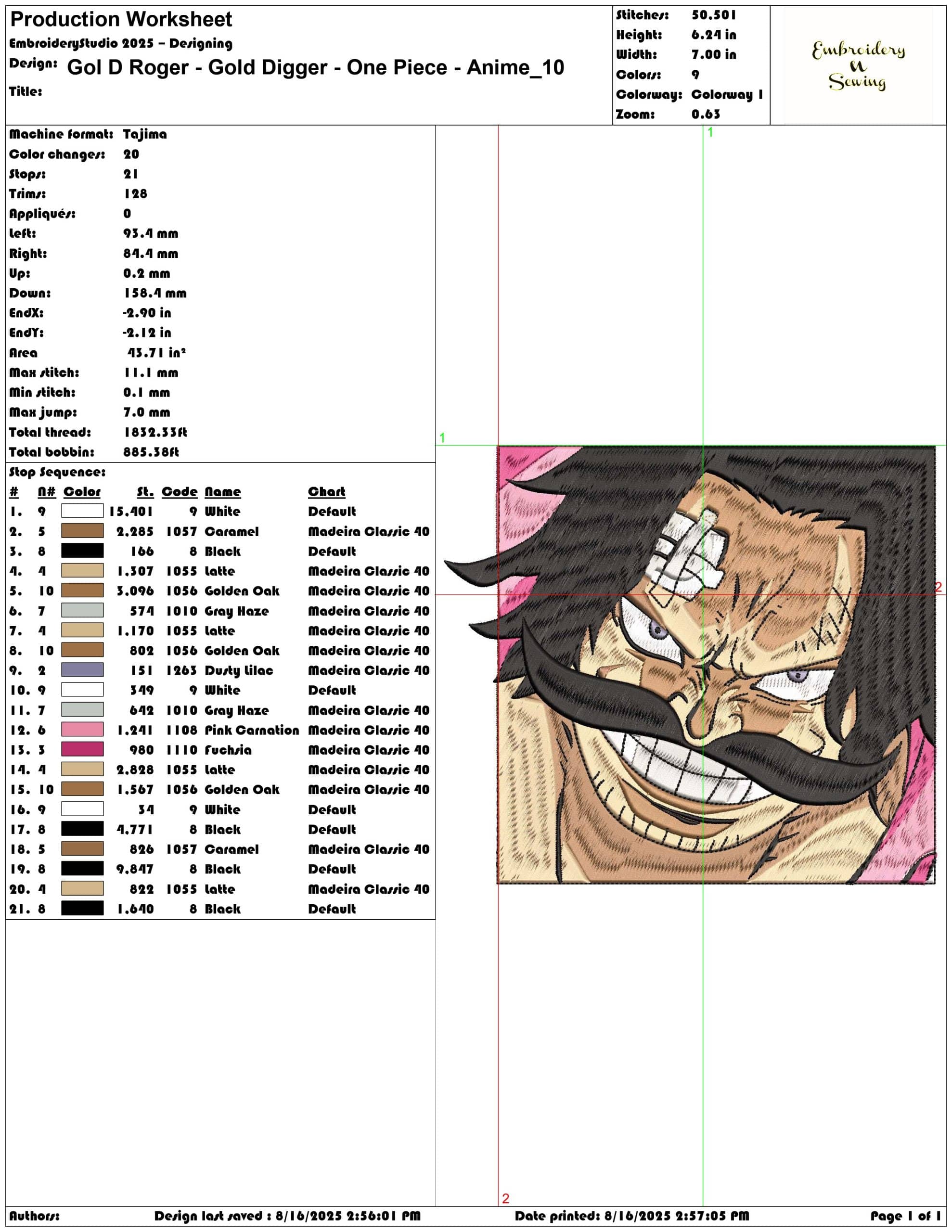 Gol D Roger - Gold Digger - One Piece - Anime-Elegant embroidery design file - instant download — view 3