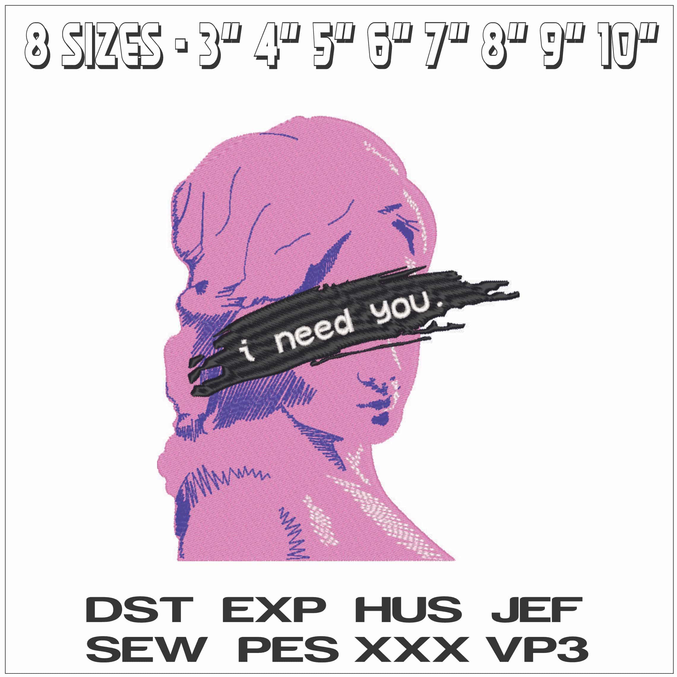 I Need You Pink Head-Elegant embroidery design file - instant download — view 2