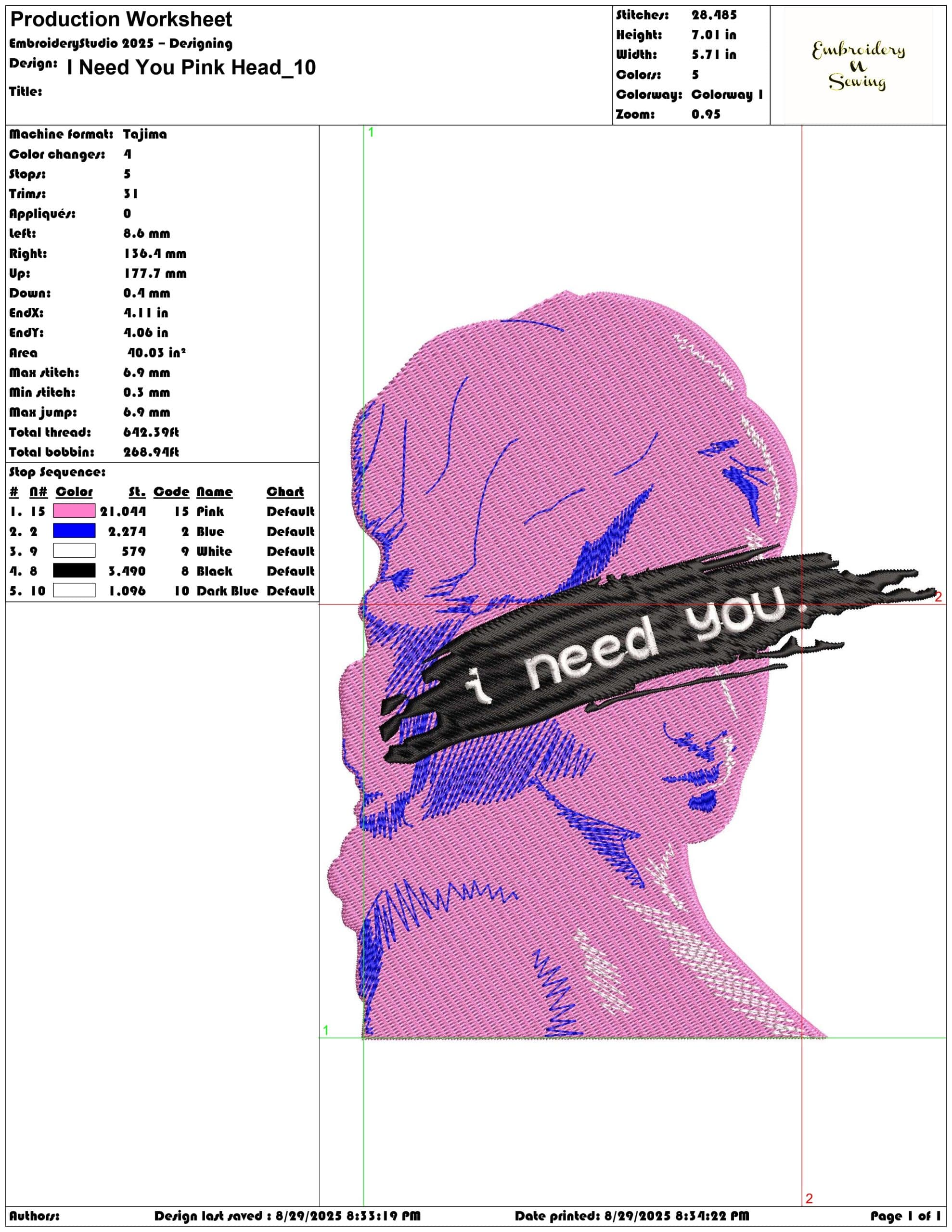 I Need You Pink Head-Elegant embroidery design file - instant download — view 3