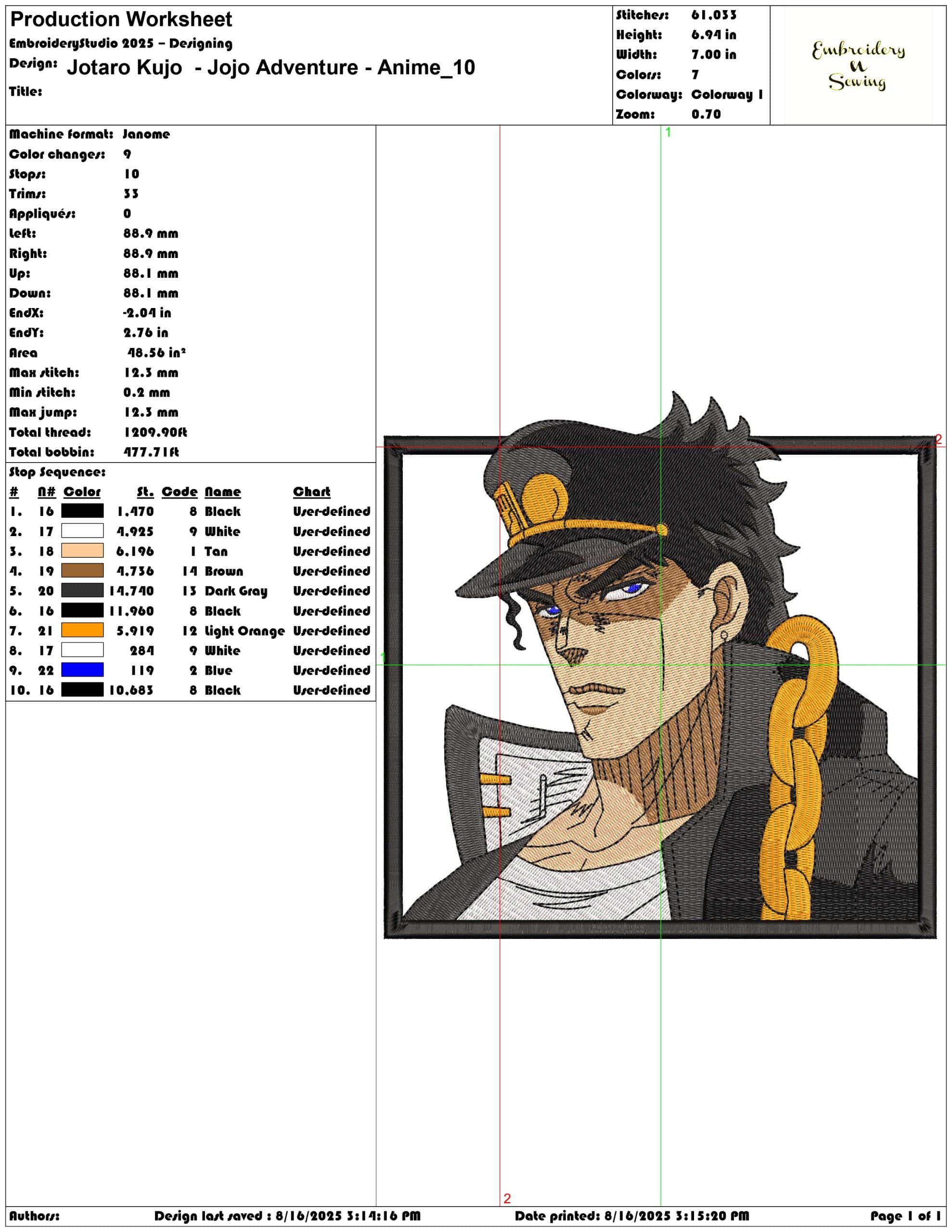 Jotaro Kujo  - Jojo Adventure - Anime-Elegant embroidery design file - instant download — view 3