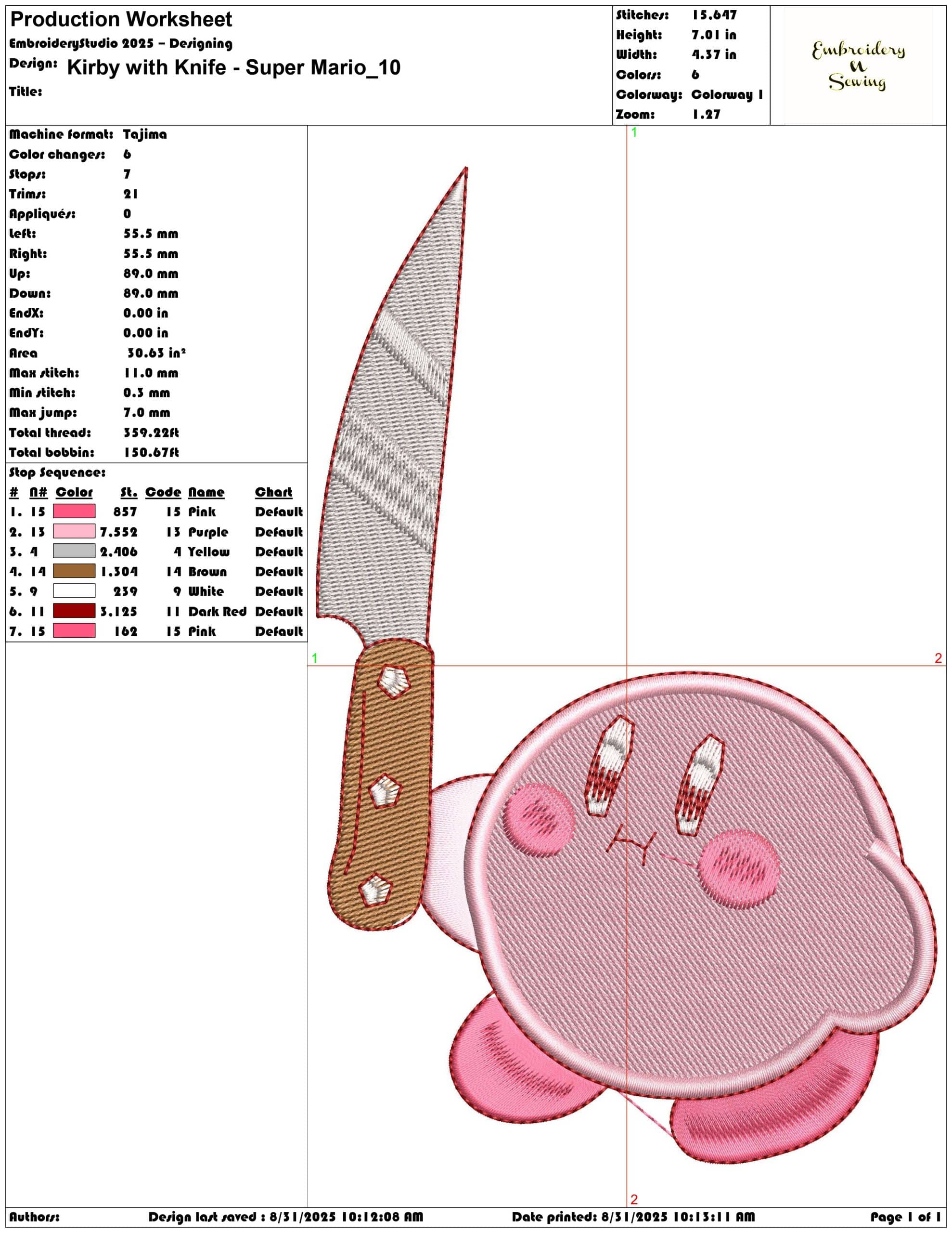 Kirby with Knife - Super Mario-Elegant embroidery design file - instant download — view 3