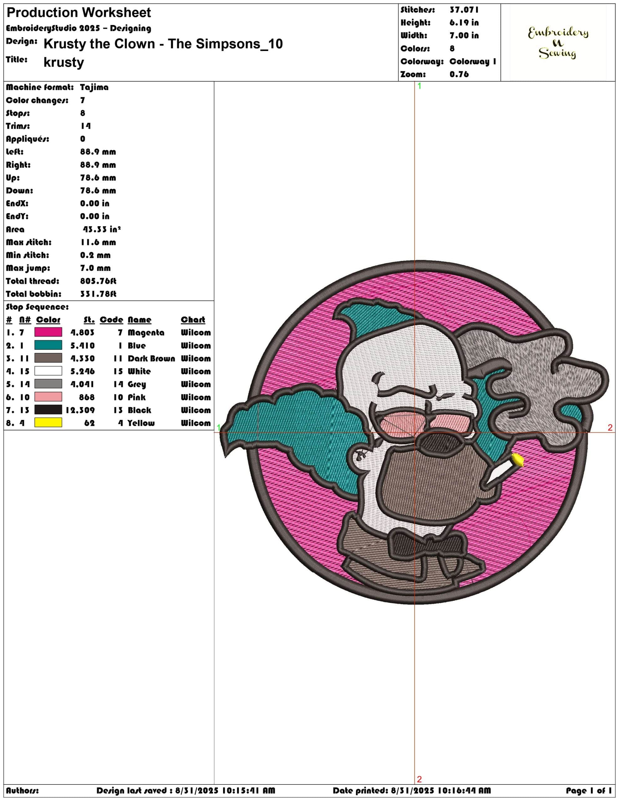 Krusty the Clown - The Simpsons-Elegant embroidery design file - instant download — view 3