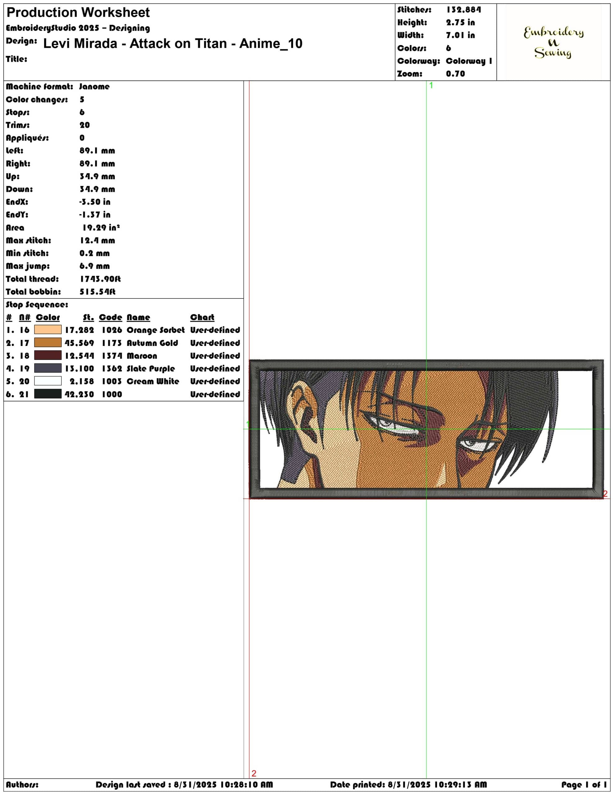 Levi Mirada - Attack on Titan - Anime-Elegant embroidery design file - instant download — view 3
