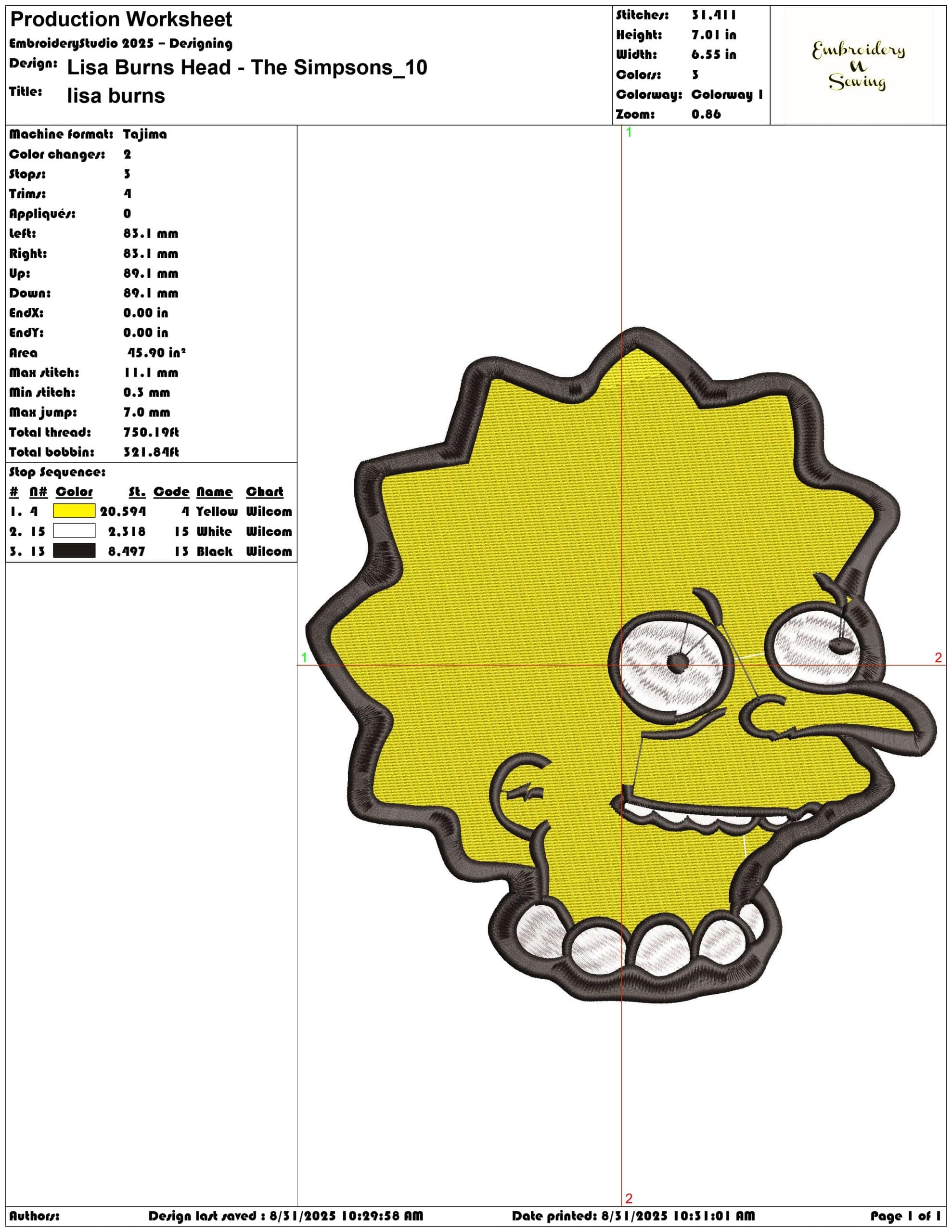 Lisa Burns Head - The Simpsons-Elegant embroidery design file - instant download — view 3