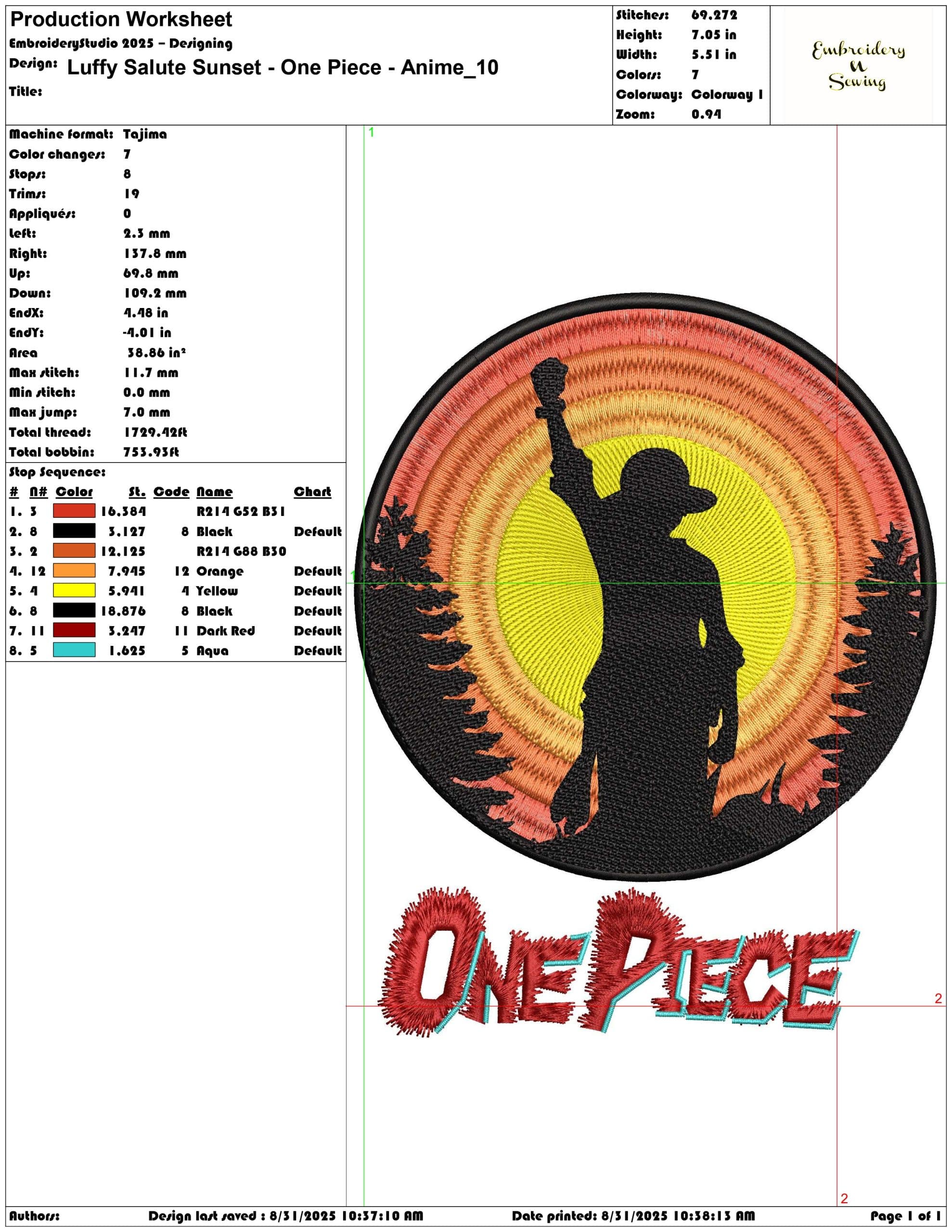 Luffy Salute Sunset - One Piece - Anime-Elegant embroidery design file - instant download — view 3