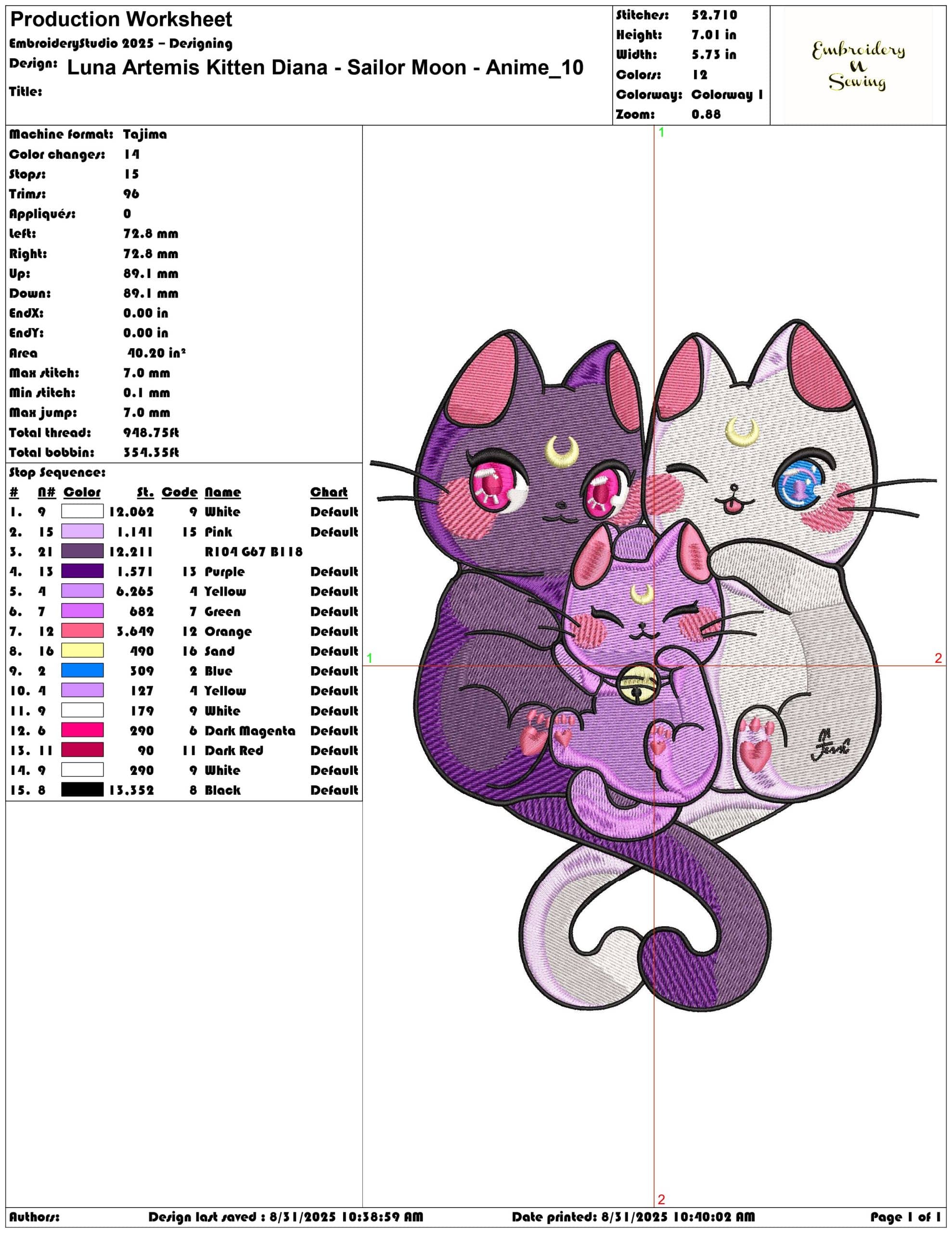 Luna Artemis Kitten Diana - Sailor Moon - Anime-Elegant embroidery design file - instant download — view 3