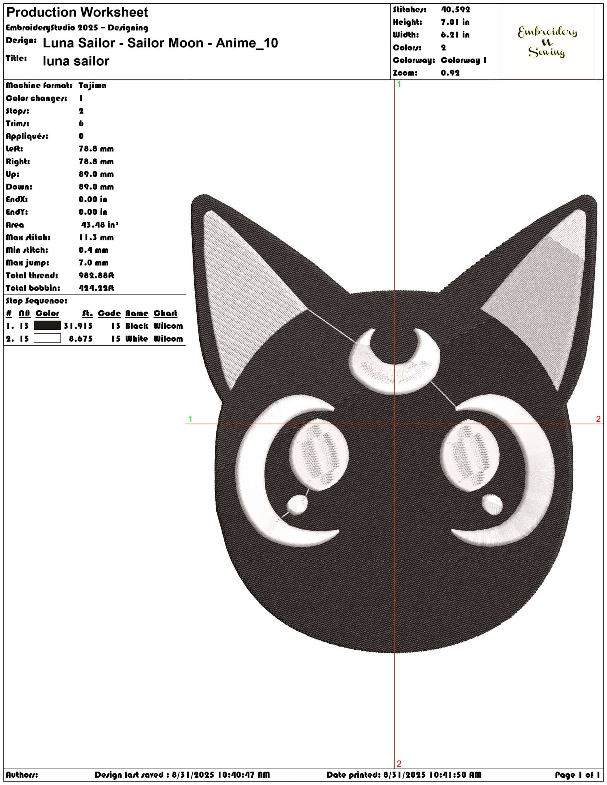 Luna Sailor - Sailor Moon - Anime-Elegant embroidery design file - instant download — view 3