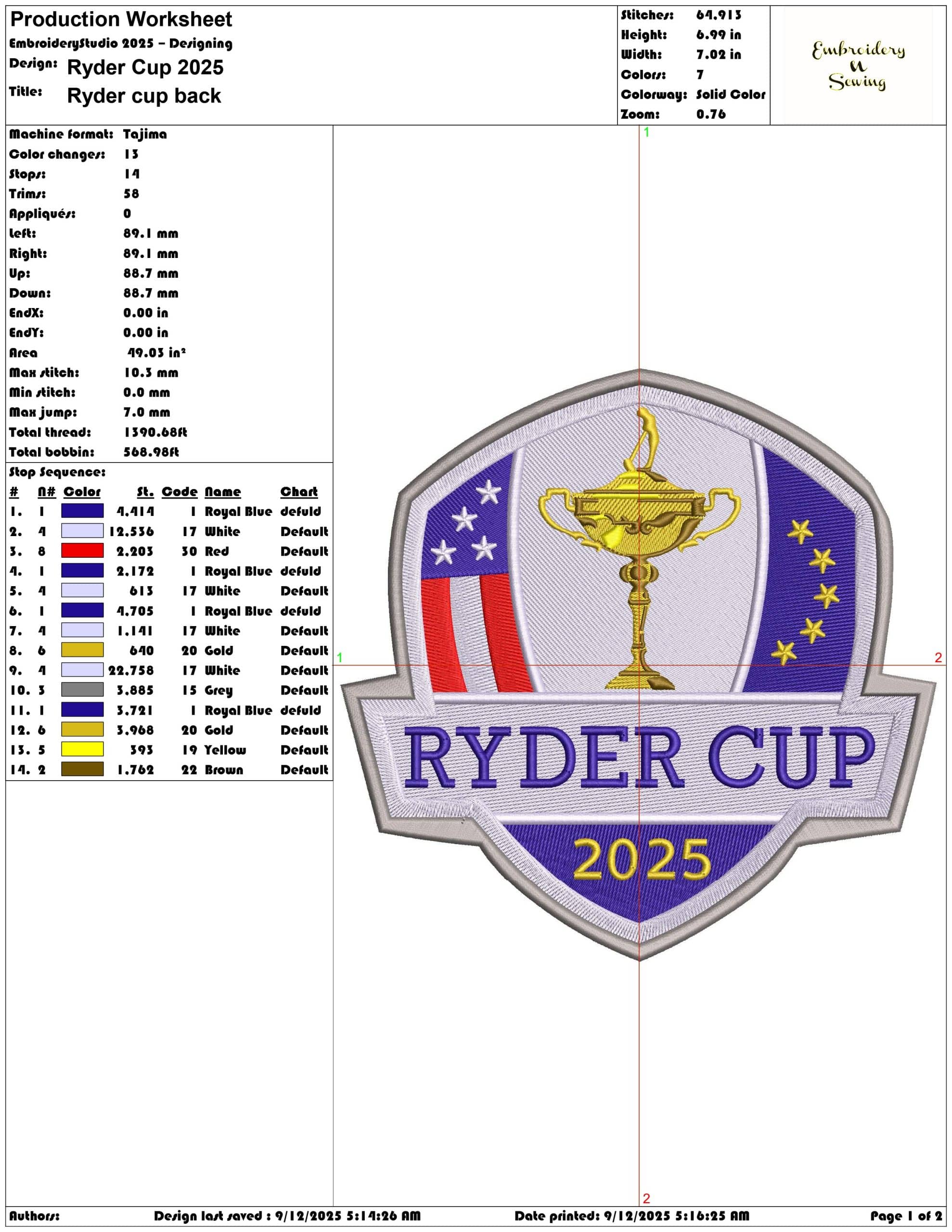 Ryder Cup 2025 embroidery design - Bethpage Black September embroidery machine pattern embroidery file — view 3