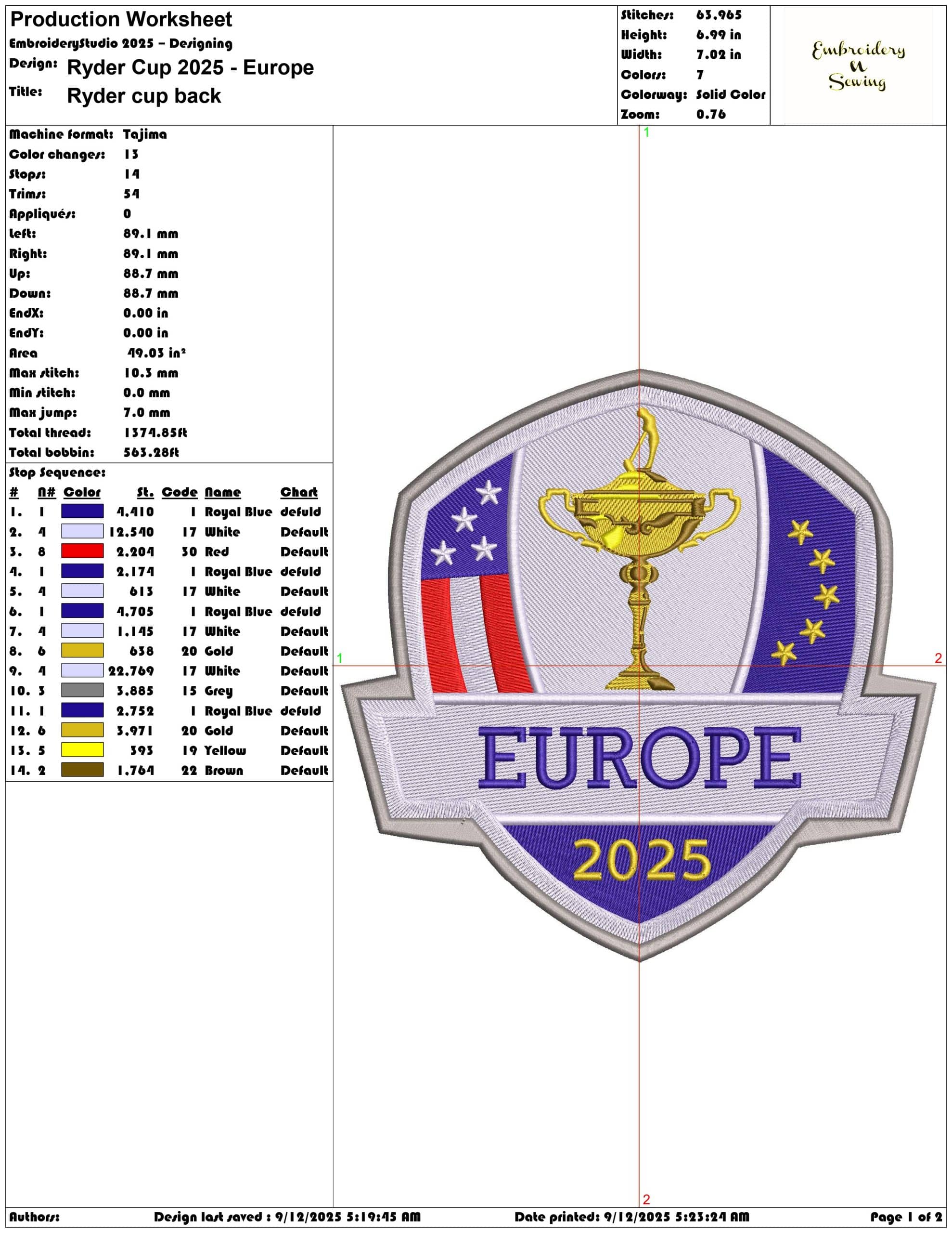 Ryder Cup 2025 - Europe embroidery design - Bethpage Black September embroidery machine pattern embroidery file — view 3
