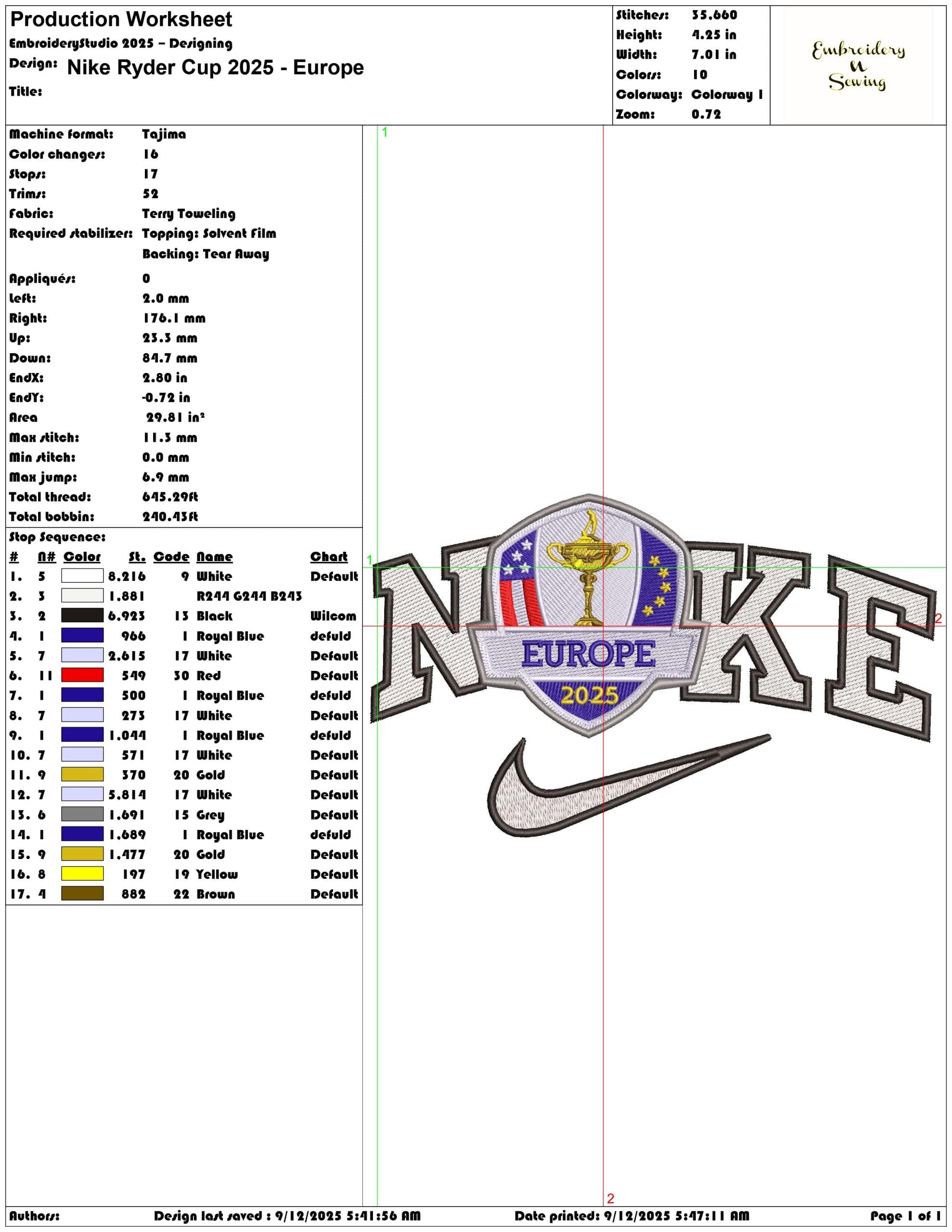 Nike Ryder Cup 2025 - Europe embroidery design - Bethpage Black September embroidery machine pattern embroidery file — view 3