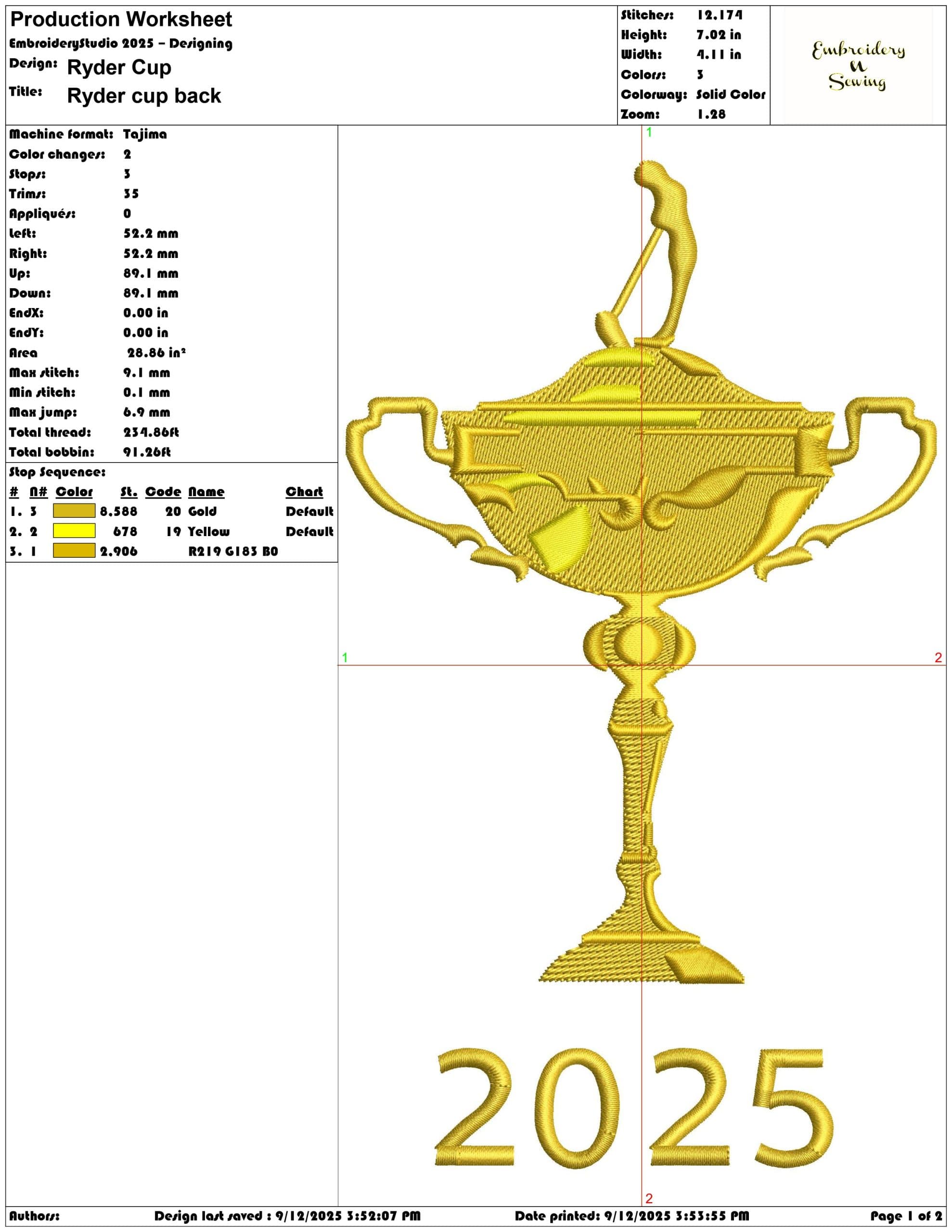 Ryder Cup 2025 trophy embroidery design - Bethpage Black September embroidery machine pattern embroidery file — view 3