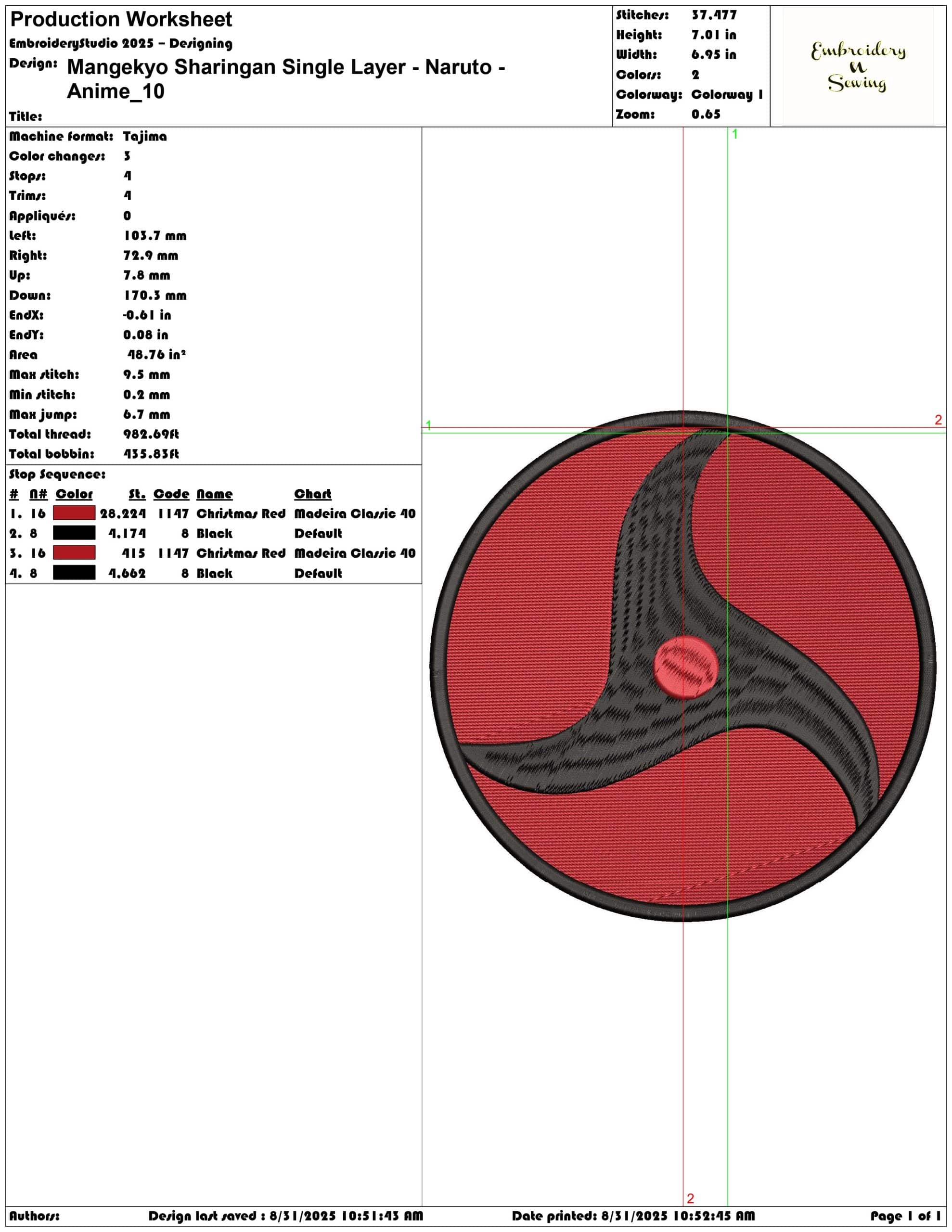 Mangekyo Sharingan Single Layer - Naruto - Anime-Elegant embroidery design file - instant download — view 3