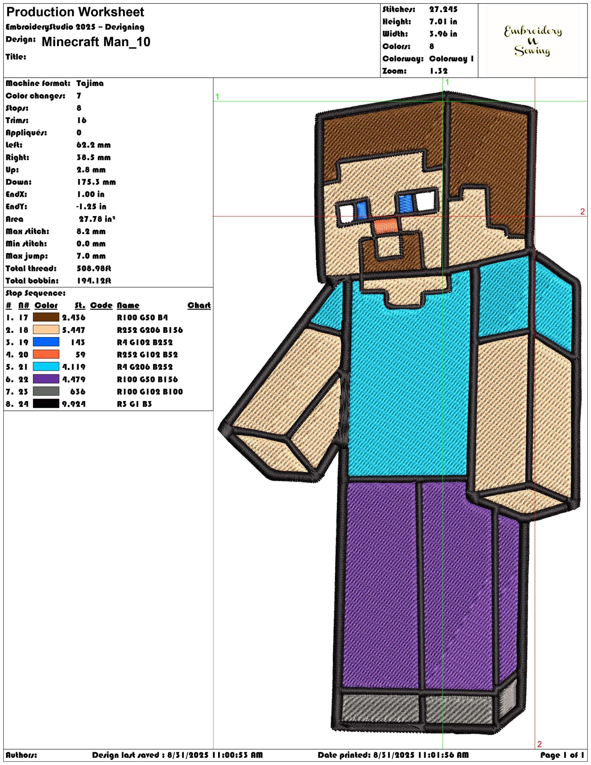 Minecraft Man-Elegant embroidery design file - instant download — view 3