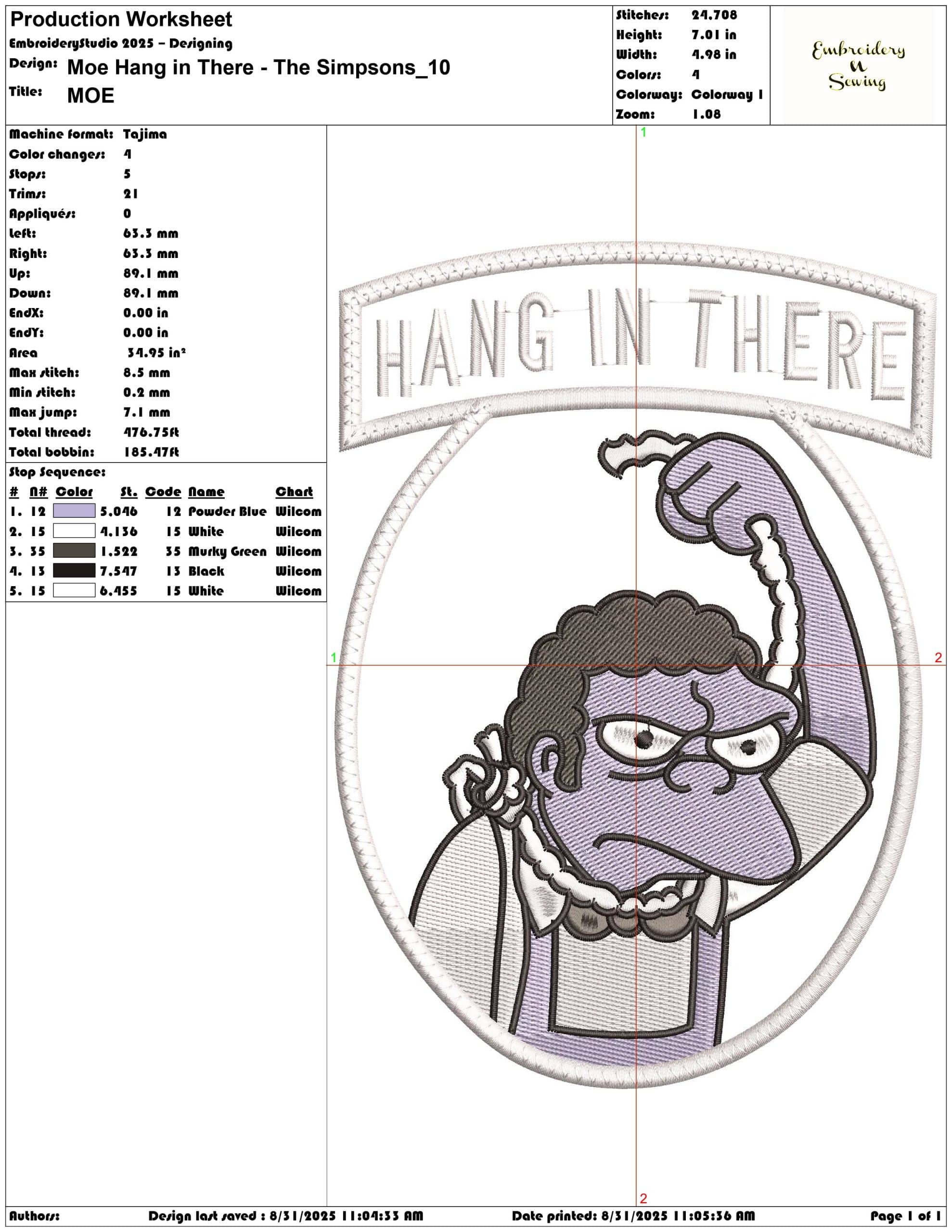 Moe Hang in There - The Simpsons-Elegant embroidery design file - instant download — view 3