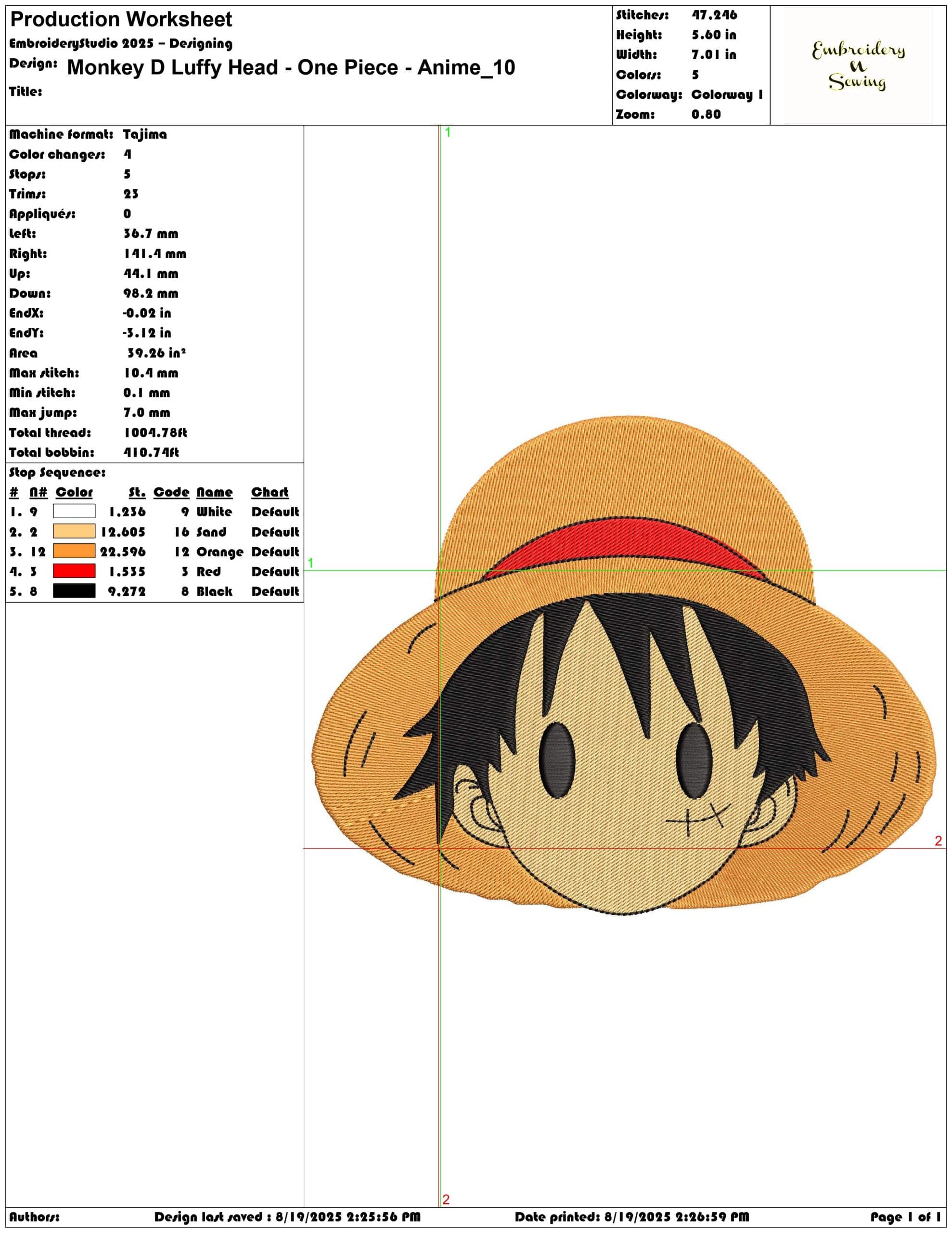 Monkey D Luffy Head - One Piece - Anime-Elegant embroidery design file - instant download — view 3