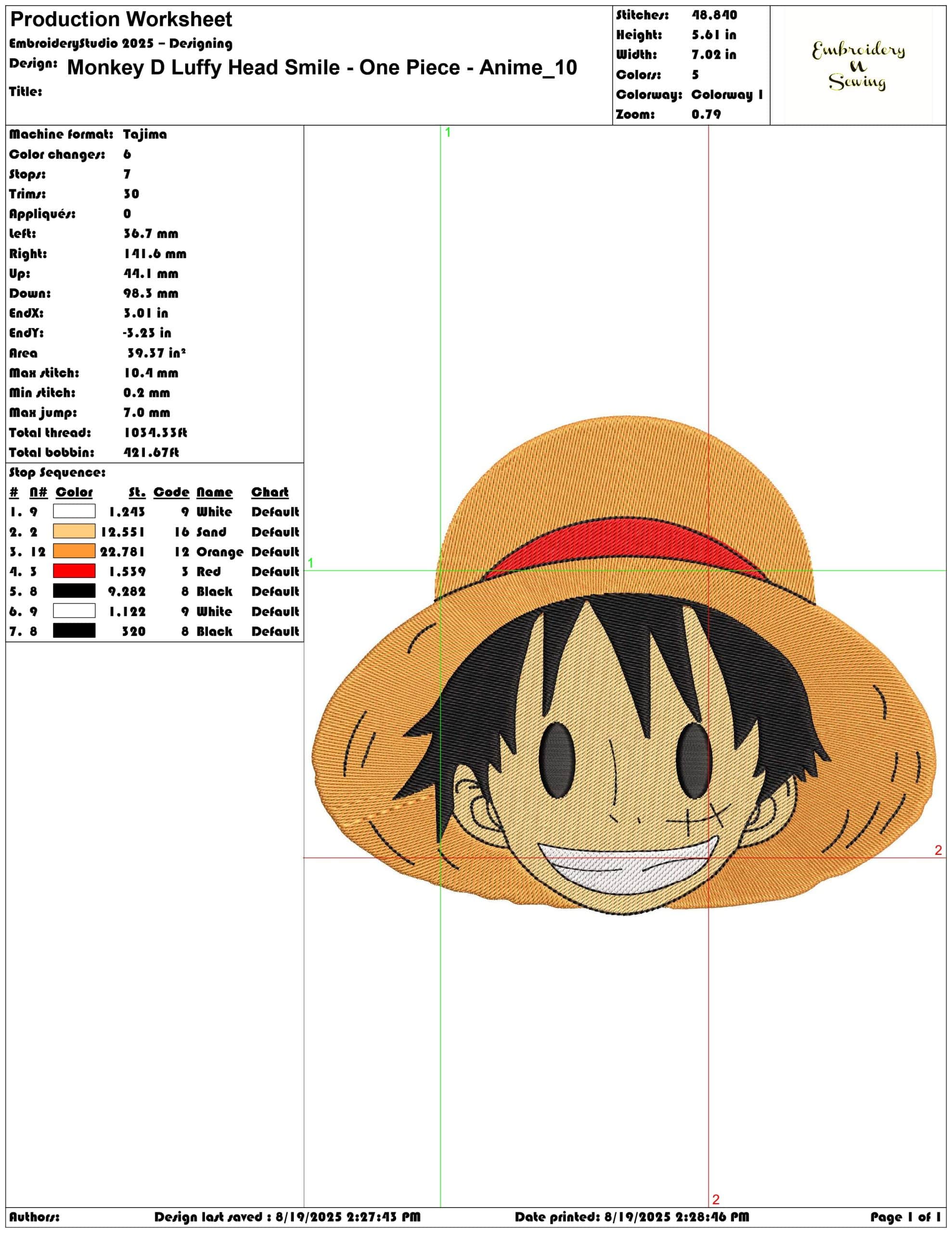 Monkey D Luffy Head Smile - One Piece - Anime-Elegant embroidery design file - instant download — view 3