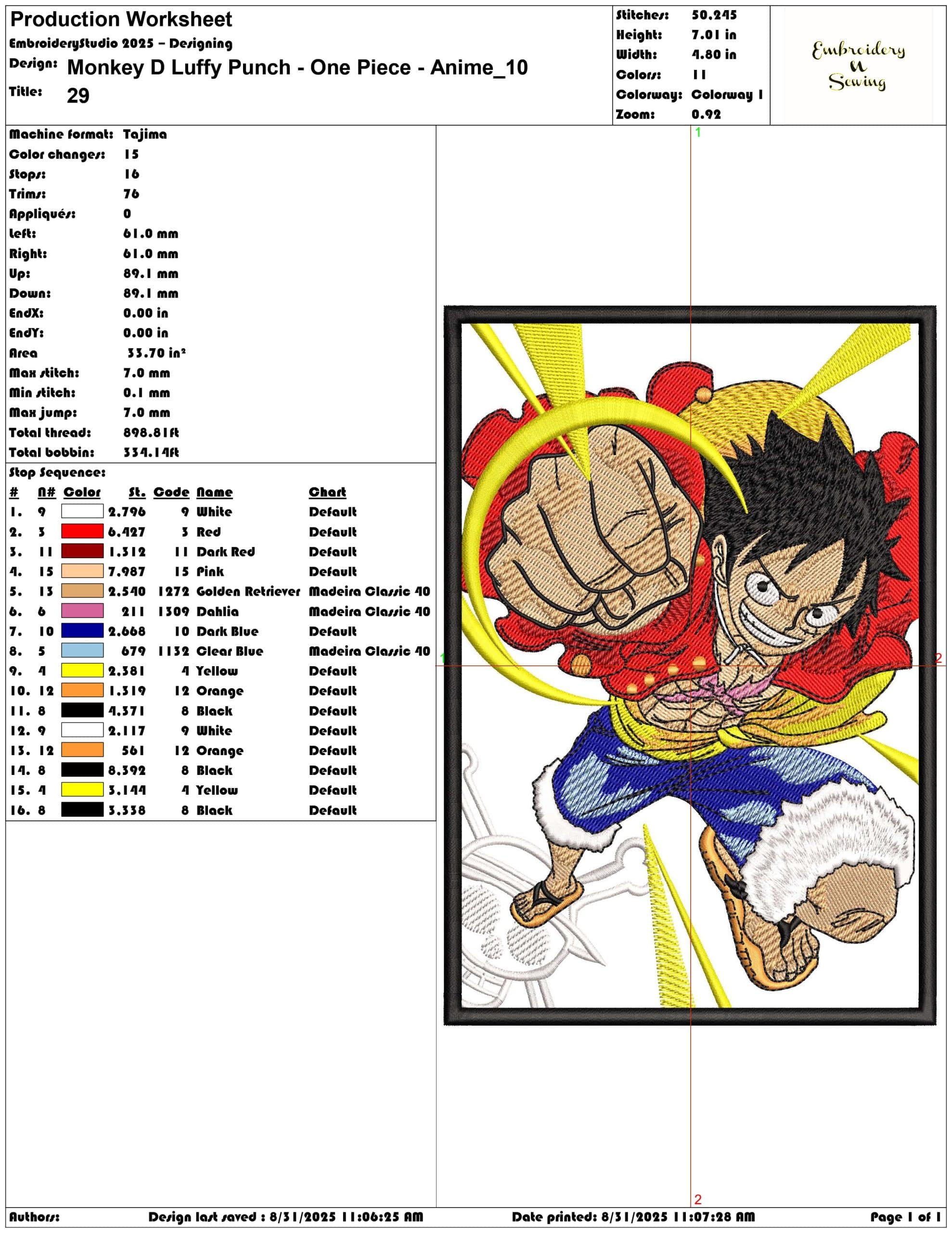 Monkey D Luffy Punch - One Piece - Anime-Elegant embroidery design file - instant download — view 3