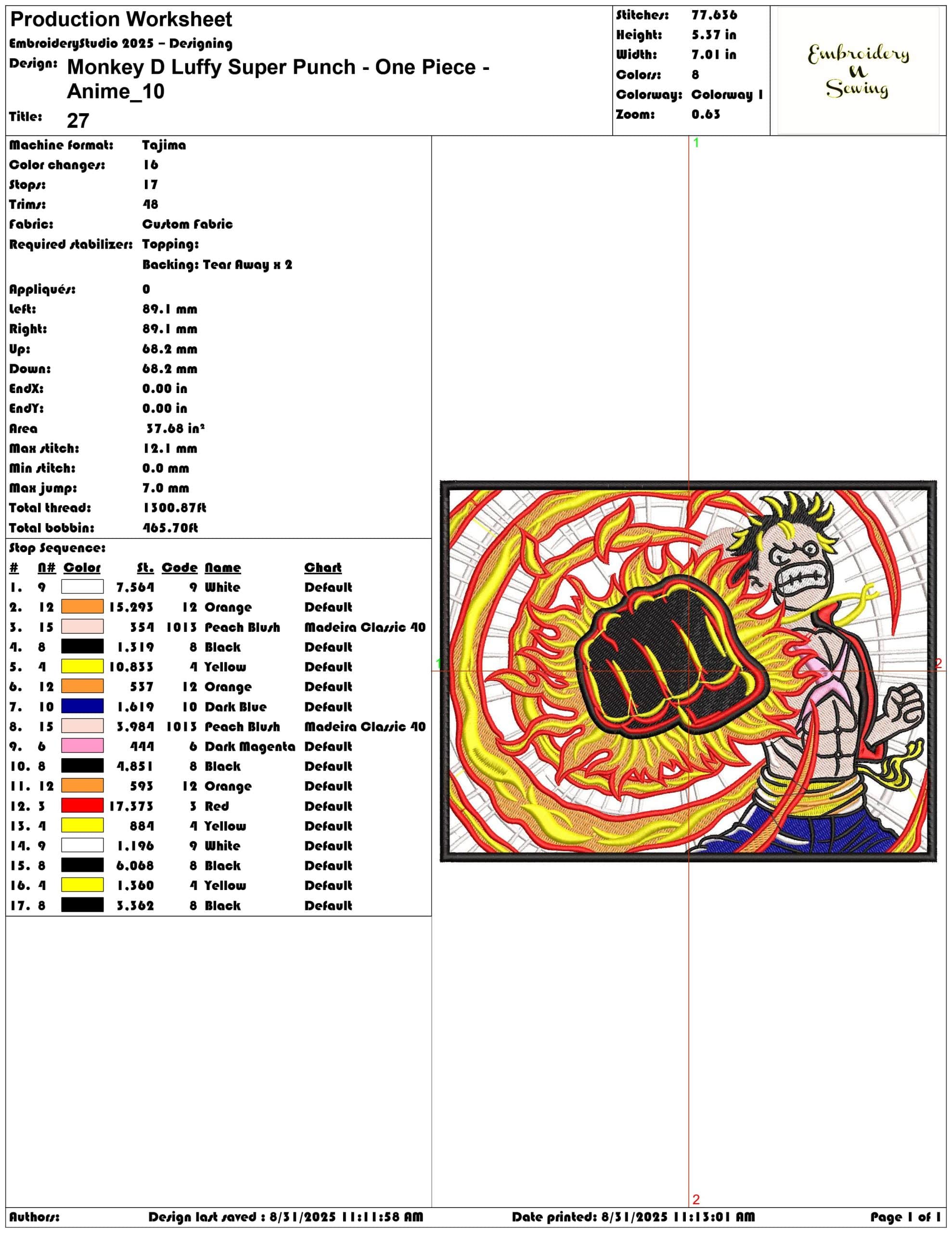 Monkey D Luffy Super Punch - One Piece - Anime-Elegant embroidery design file - instant download — view 3