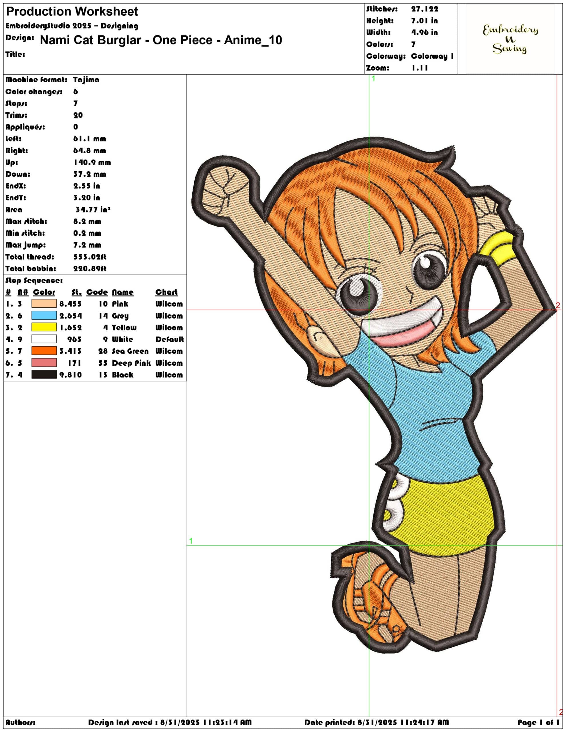 Nami Cat Burglar - One Piece - Anime-Elegant embroidery design file - instant download — view 3