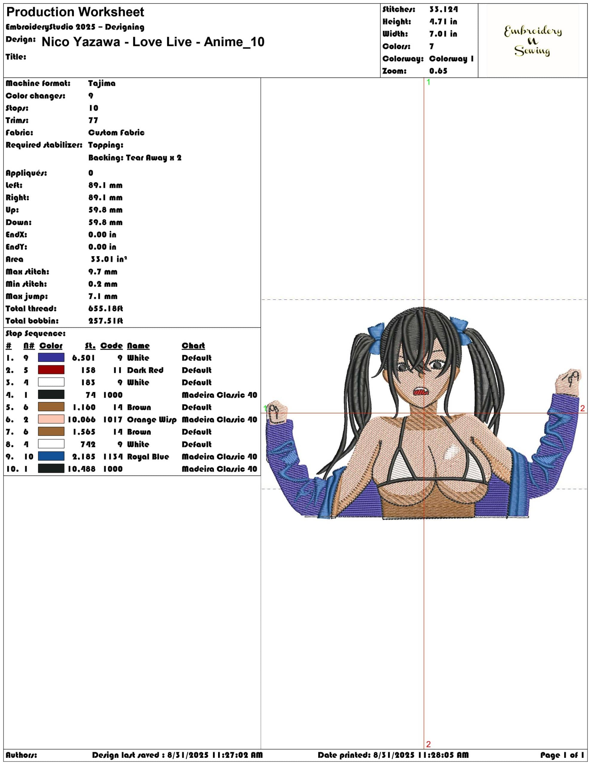 Nico Yazawa - Love Live - Anime-Elegant embroidery design file - instant download — view 3