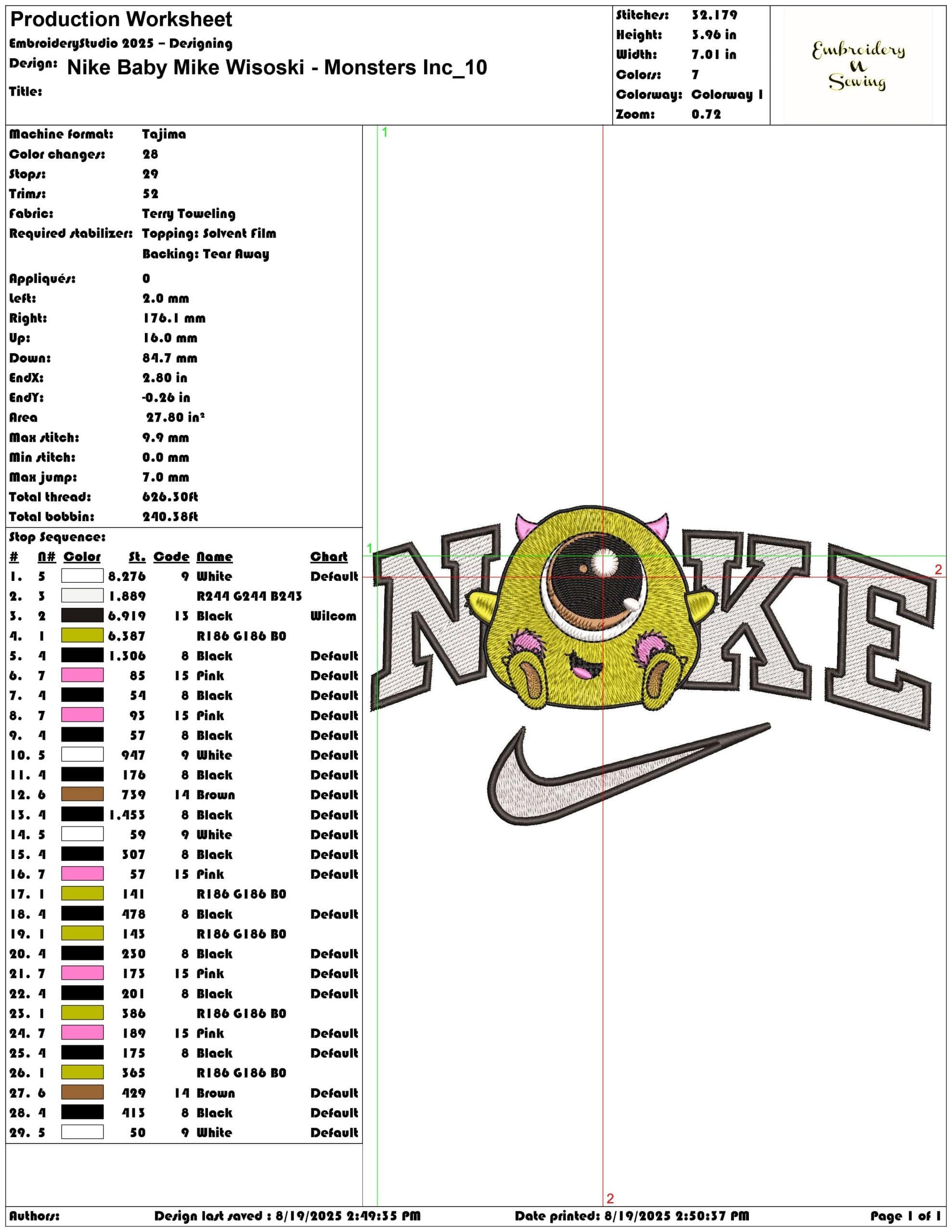 Nike Baby Mike Wisoski - Monsters Inc-Elegant embroidery design file - instant download — view 3