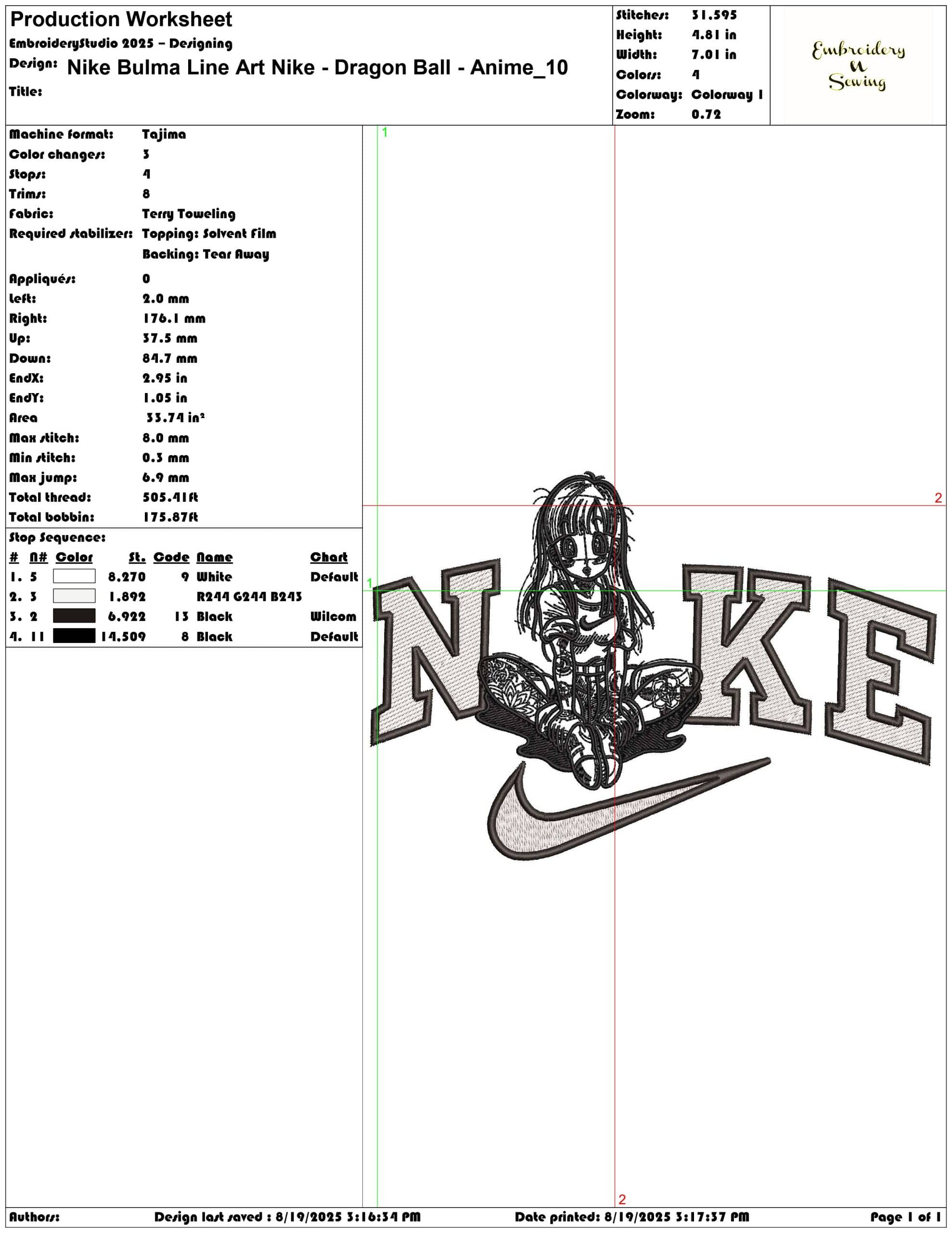 Nike Bulma Line Art Nike - Dragon Ball - Anime-Elegant embroidery design file - instant download — view 3