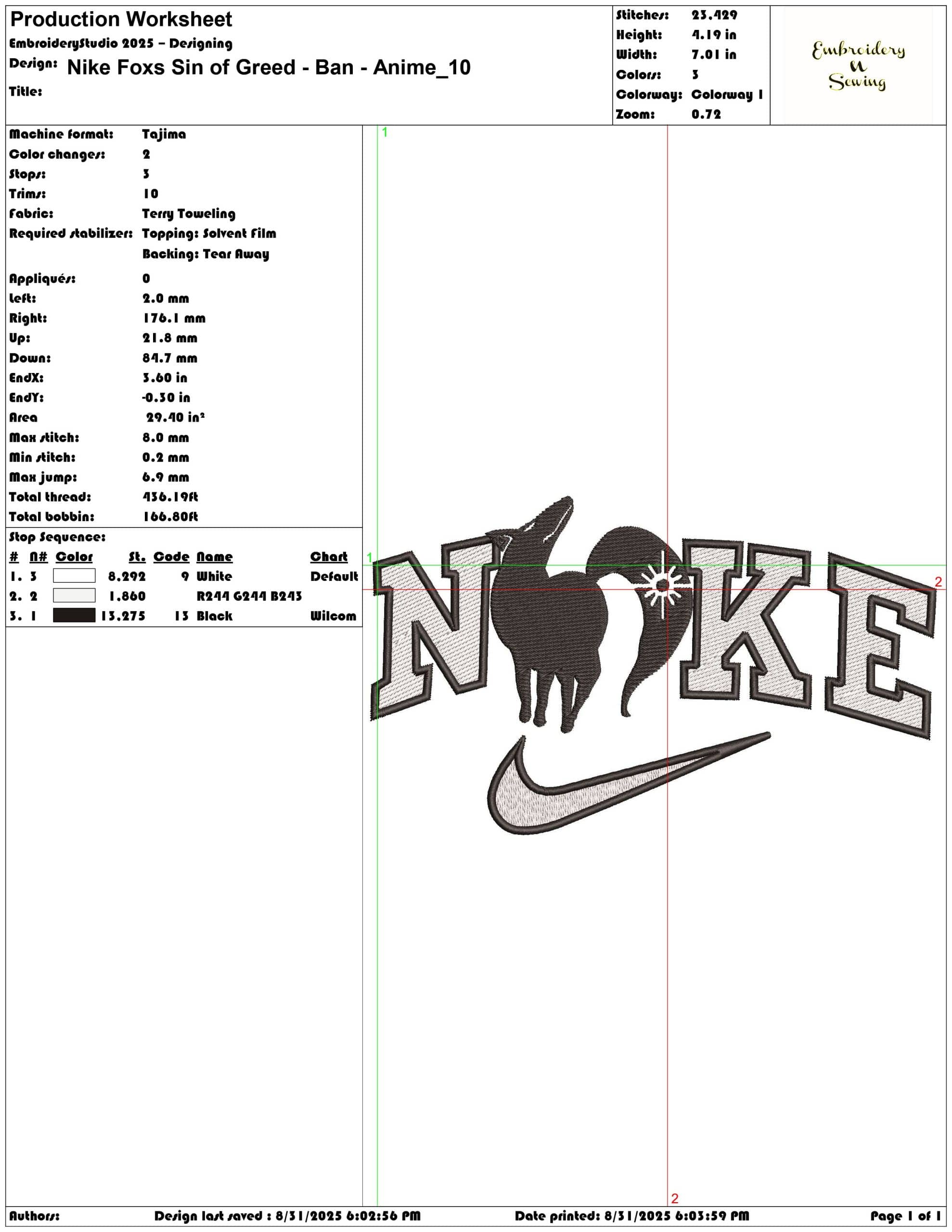 Nike Foxs Sin of Greed - Ban - Anime-Elegant embroidery design file - instant download — view 3