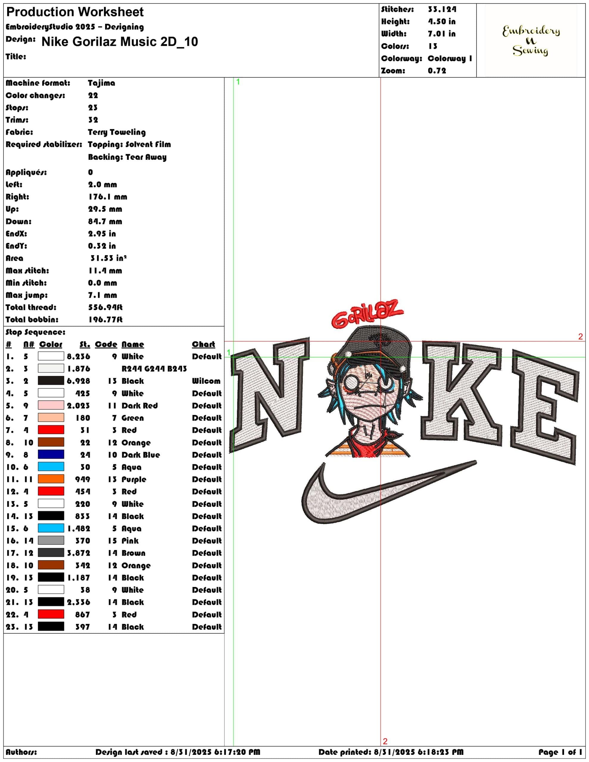 Nike Gorilaz Music 2D-Elegant embroidery design file - instant download — view 3