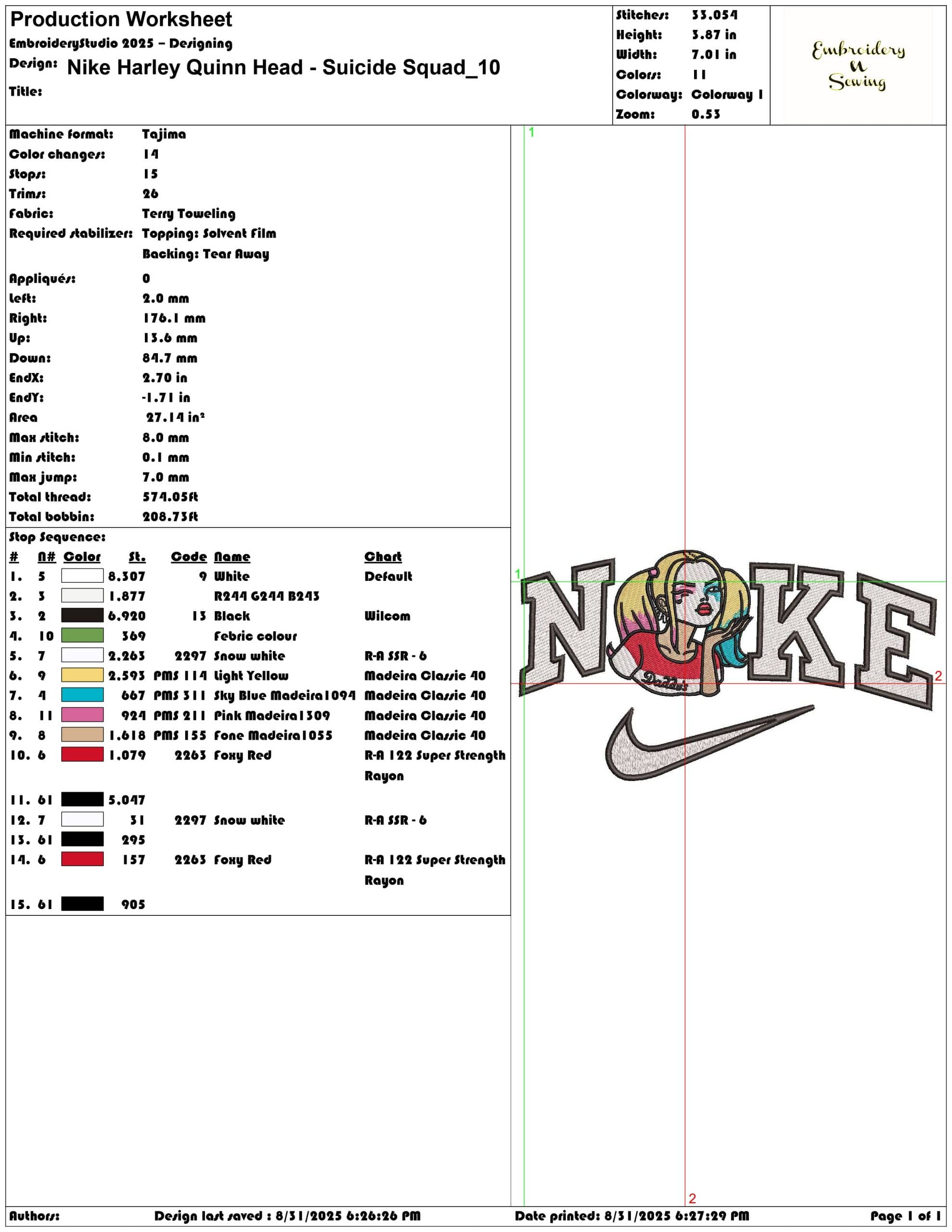 Nike Harley Quinn Head - Suicide Squad-Elegant embroidery design file - instant download — view 3