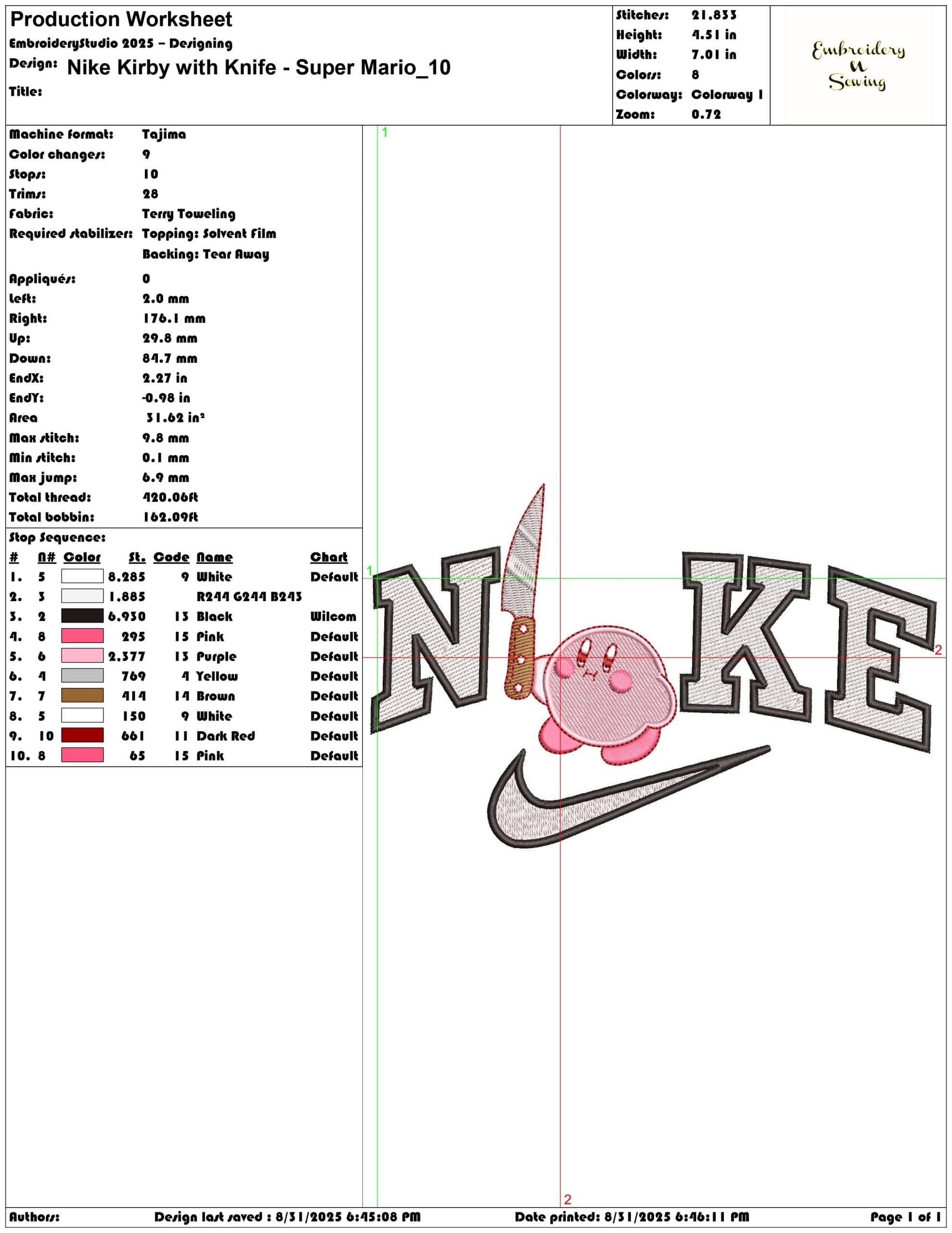Nike Kirby with Knife - Super Mario-Elegant embroidery design file - instant download — view 3