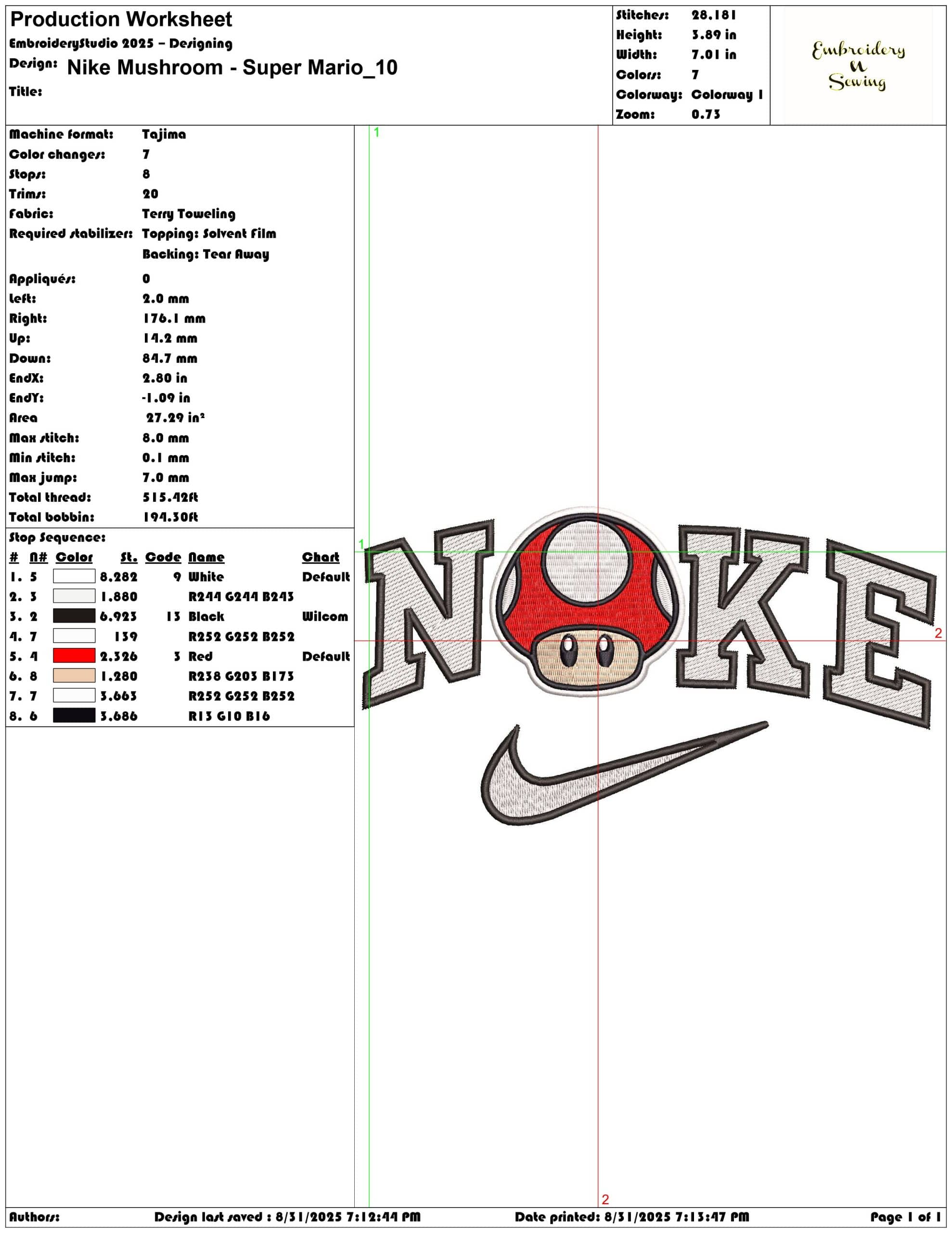 Nike Mushroom - Super Mario-Elegant embroidery design file - instant download — view 3