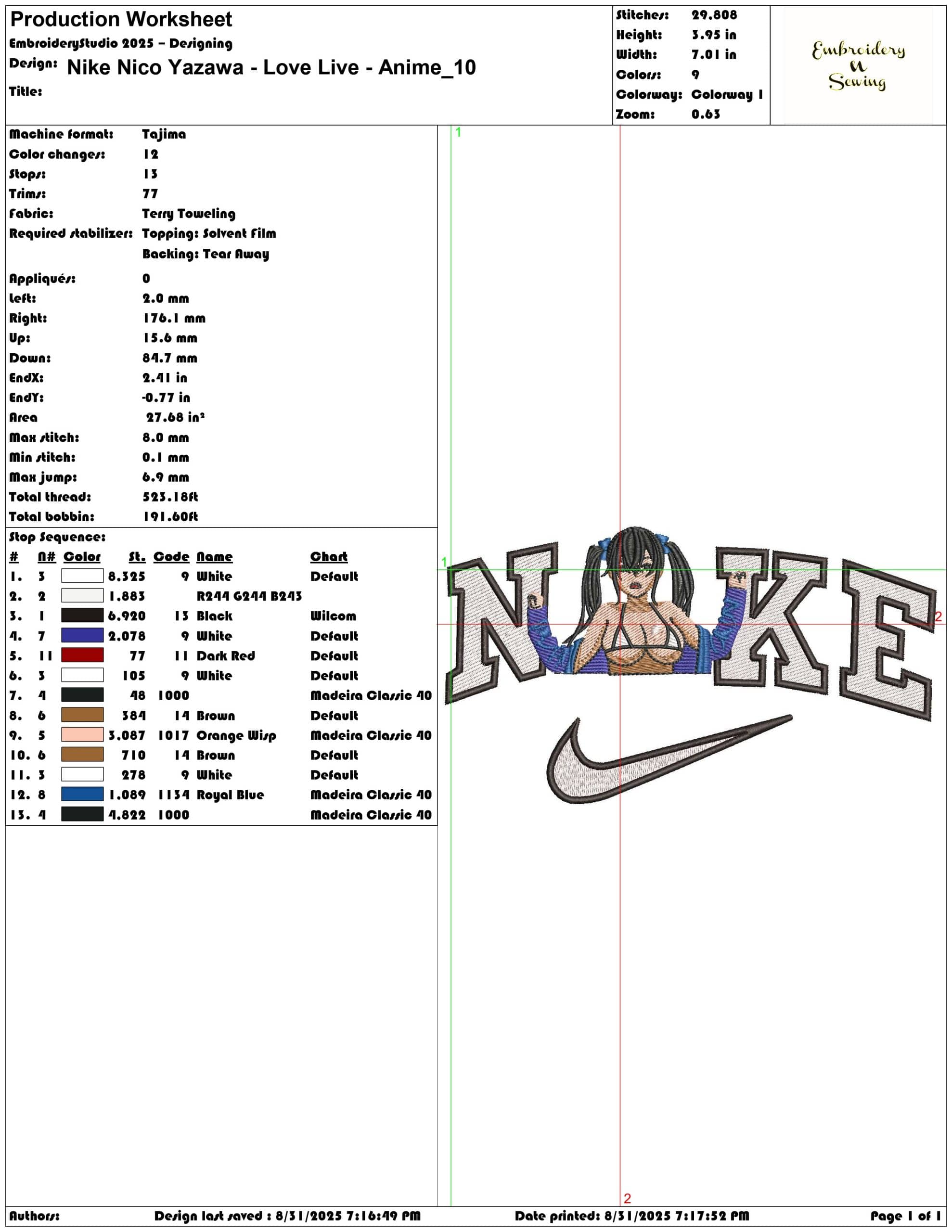 Nike Nico Yazawa - Love Live - Anime-Elegant embroidery design file - instant download — view 3
